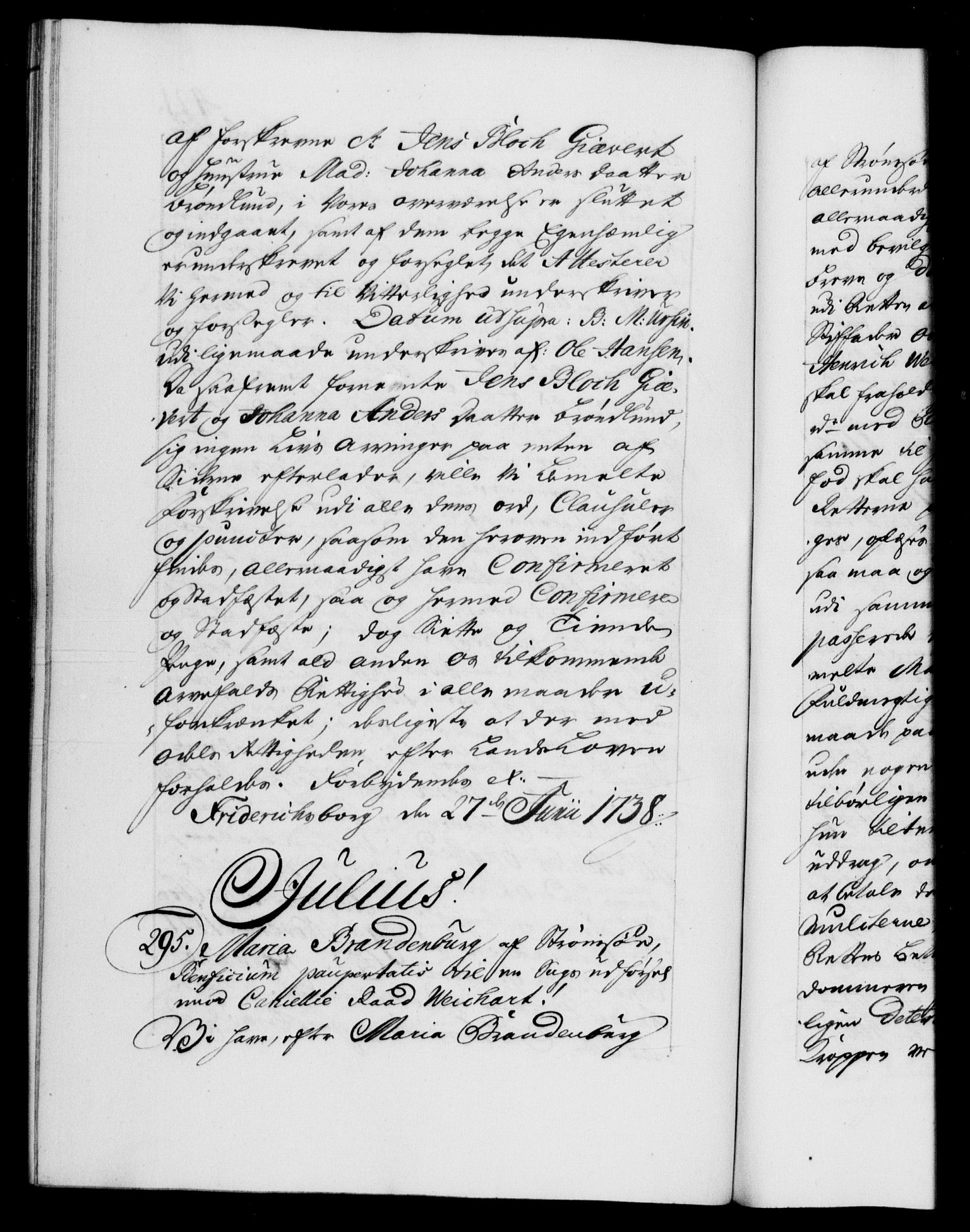 Danske Kanselli 1572-1799, RA/EA-3023/F/Fc/Fca/Fcaa/L0030: Norske registre, 1737-1738, s. 421b