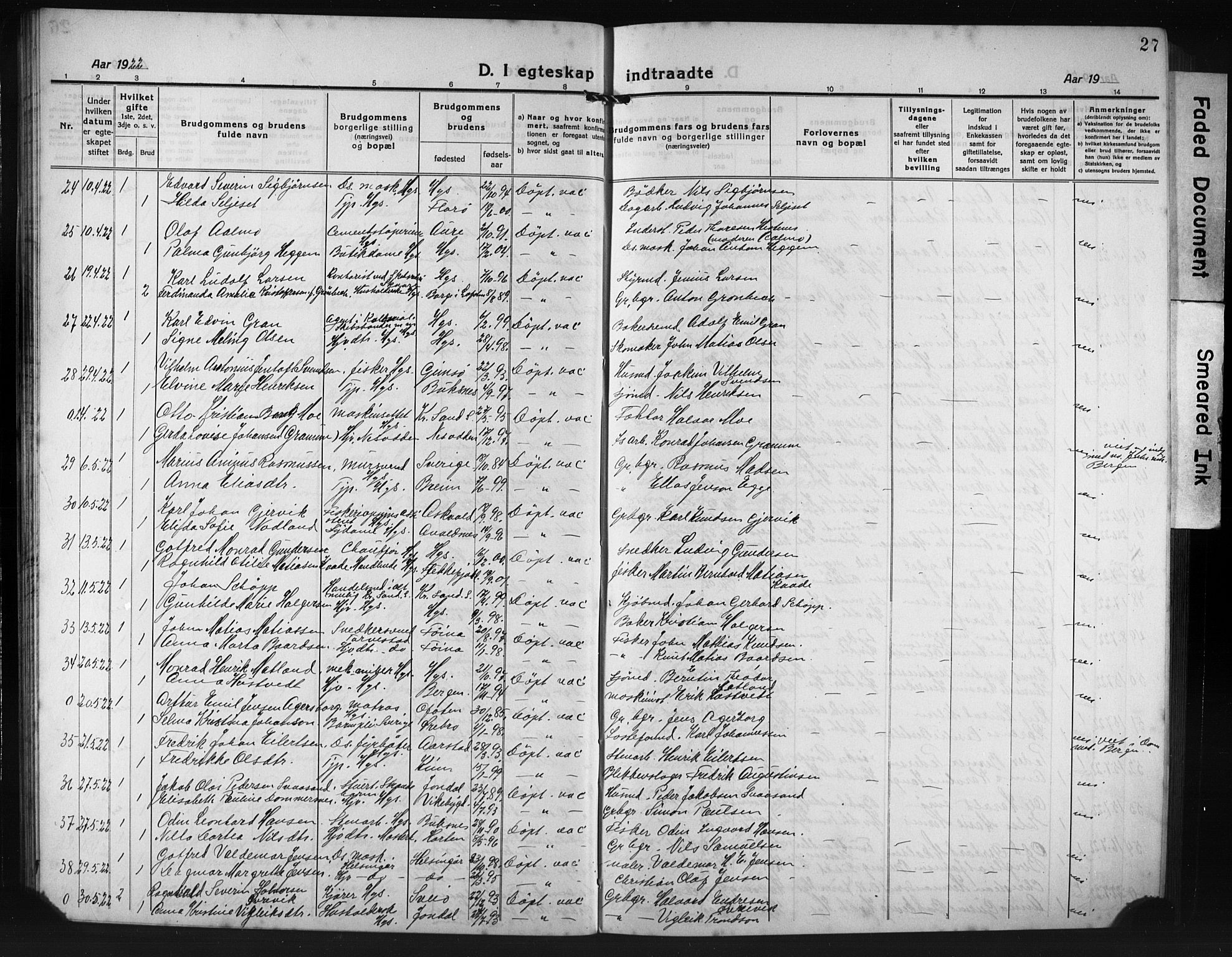 Haugesund sokneprestkontor, AV/SAST-A -101863/H/Ha/Hab/L0010: Klokkerbok nr. B 10, 1920-1931, s. 27
