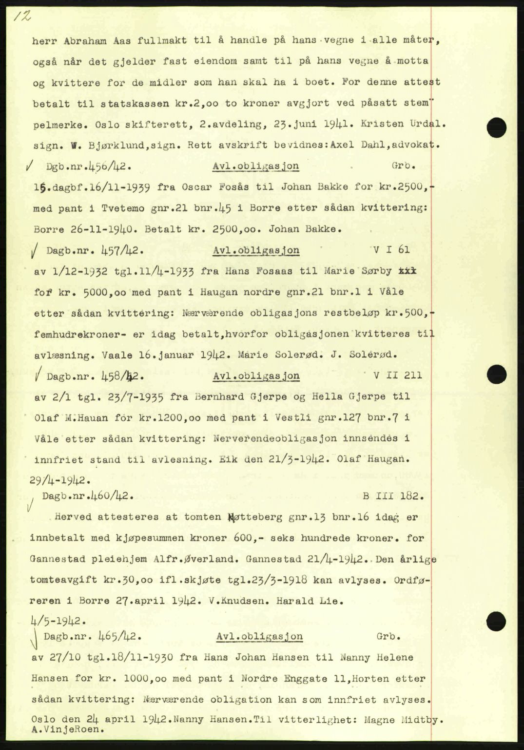 Horten sorenskriveri, SAKO/A-133/G/Ga/Gab/L0003: Pantebok nr. B-5 - B-6, 1941-1943, Dagboknr: 456/1942
