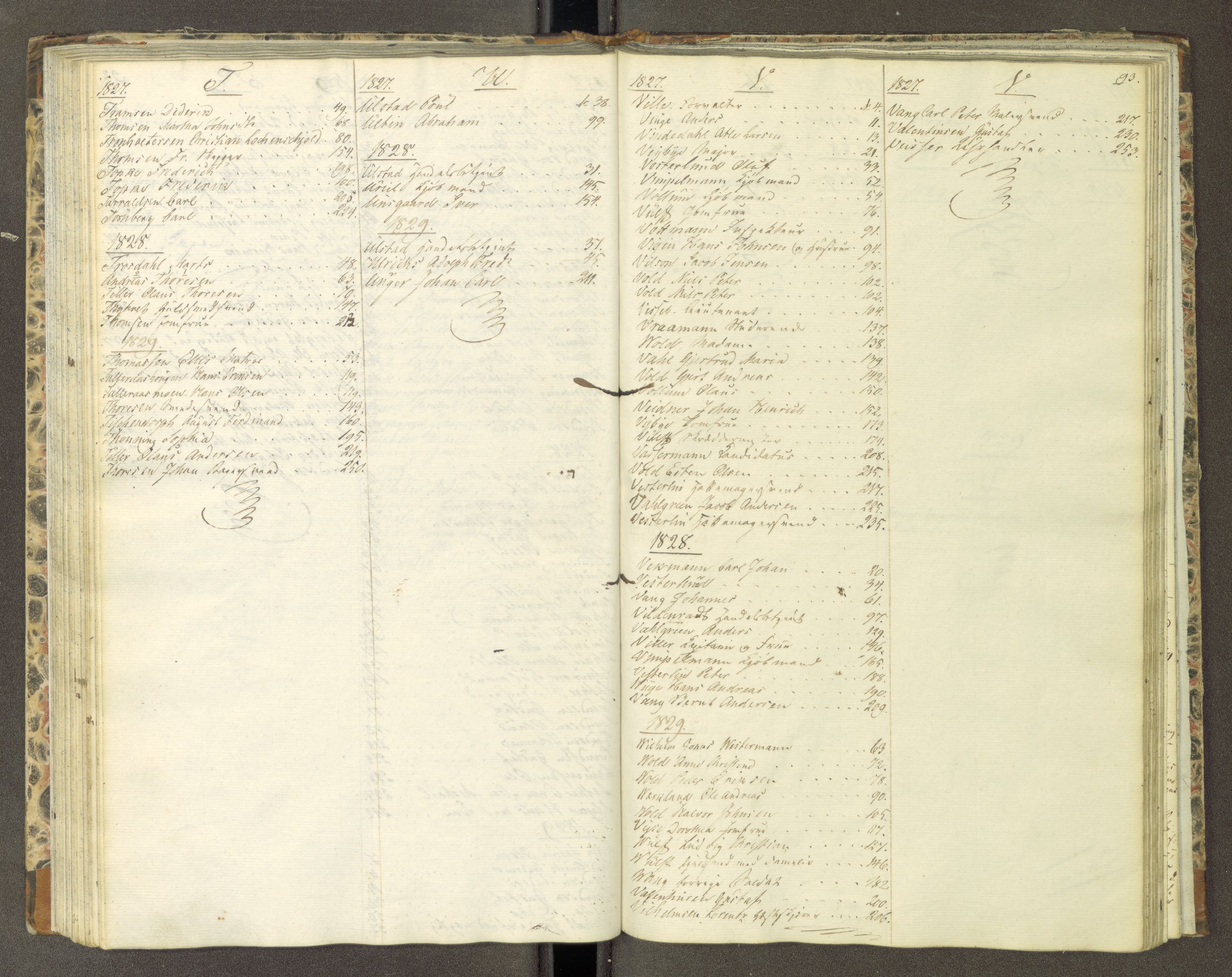 Trondheim politikammer, AV/SAT-A-1887/1/30/L0004: Passprotokoll. Første del:utstedtete pass. Andre del :innleverte/fornyede, 1827-1830, s. 92b-93a