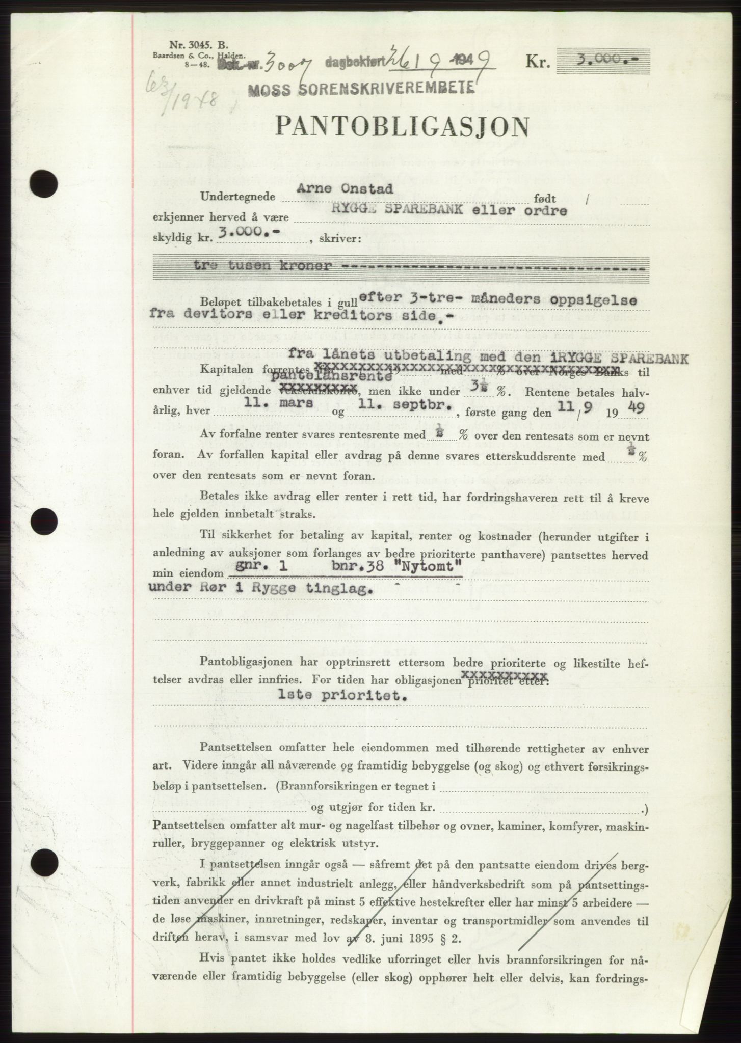 Moss sorenskriveri, SAO/A-10168: Pantebok nr. B22, 1949-1949, Dagboknr: 3007/1949
