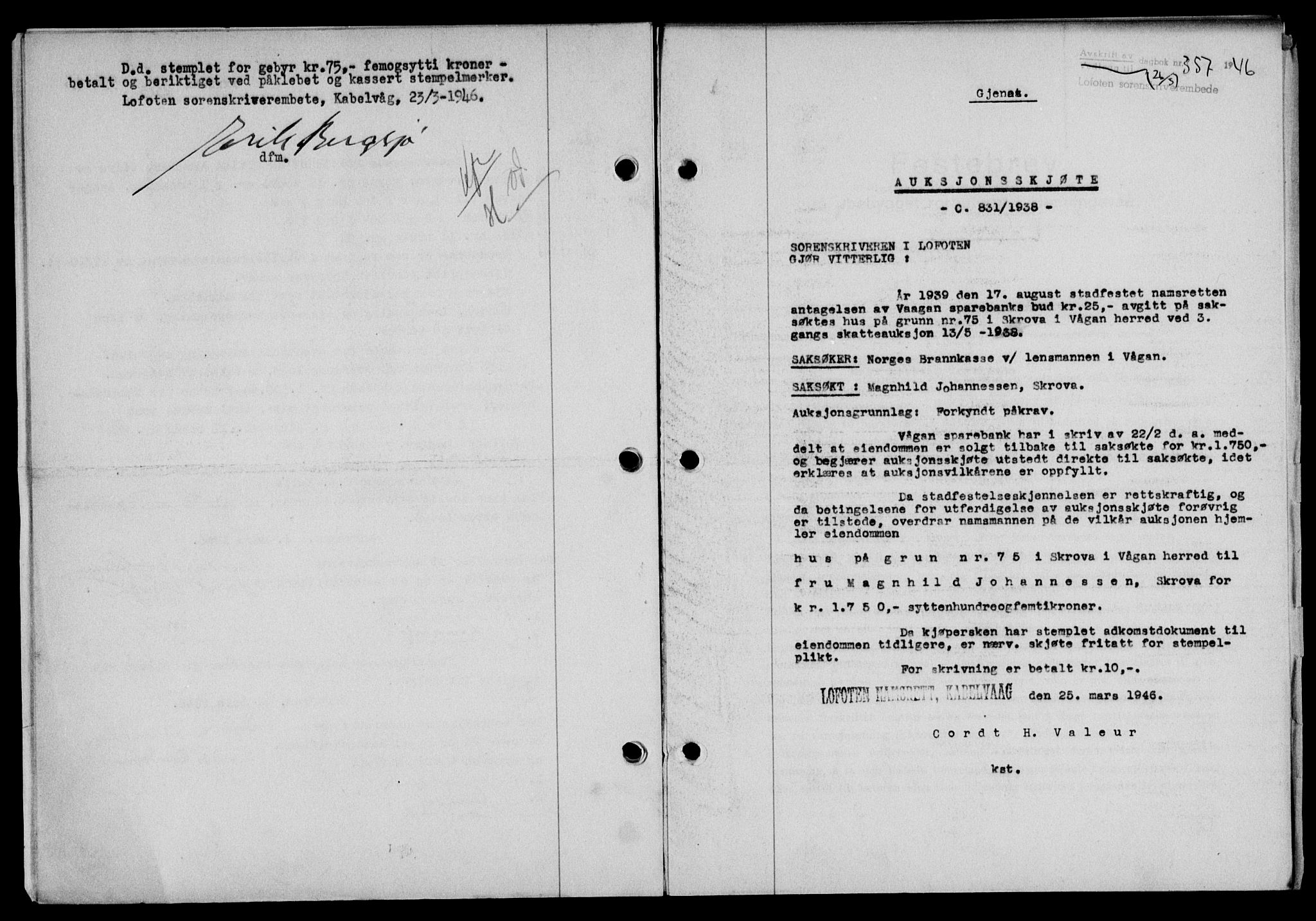 Lofoten sorenskriveri, SAT/A-0017/1/2/2C/L0013a: Pantebok nr. 13a, 1944-1946, Dagboknr: 357/1946