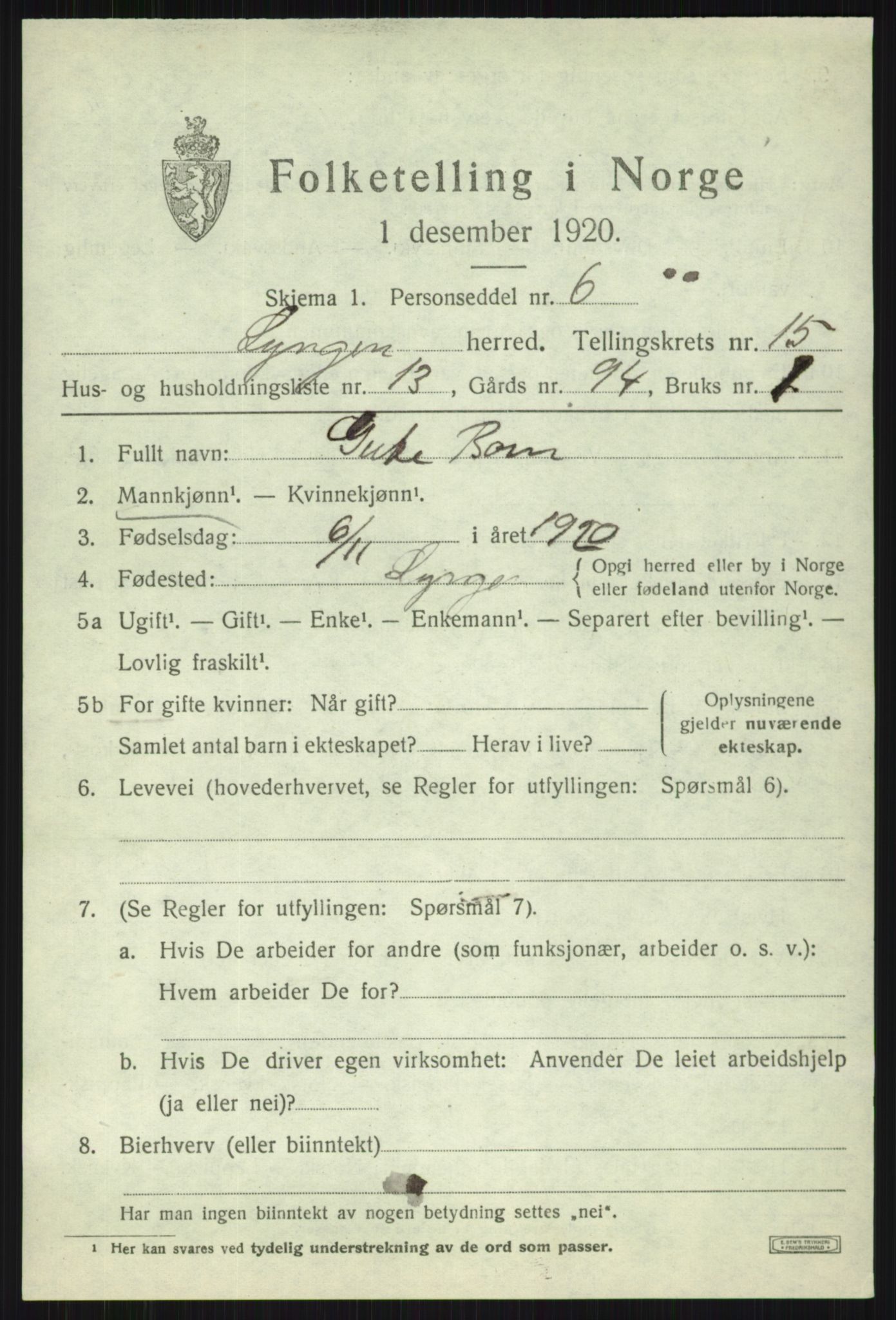 SATØ, Folketelling 1920 for 1938 Lyngen herred, 1920, s. 13007