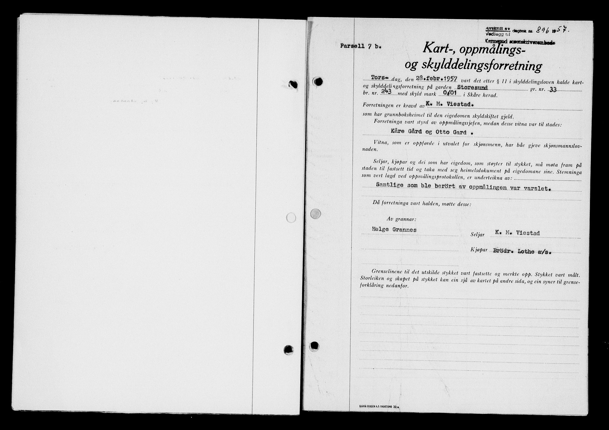 Karmsund sorenskriveri, SAST/A-100311/01/II/IIB/L0124: Pantebok nr. 104A, 1957-1957, Dagboknr: 896/1957