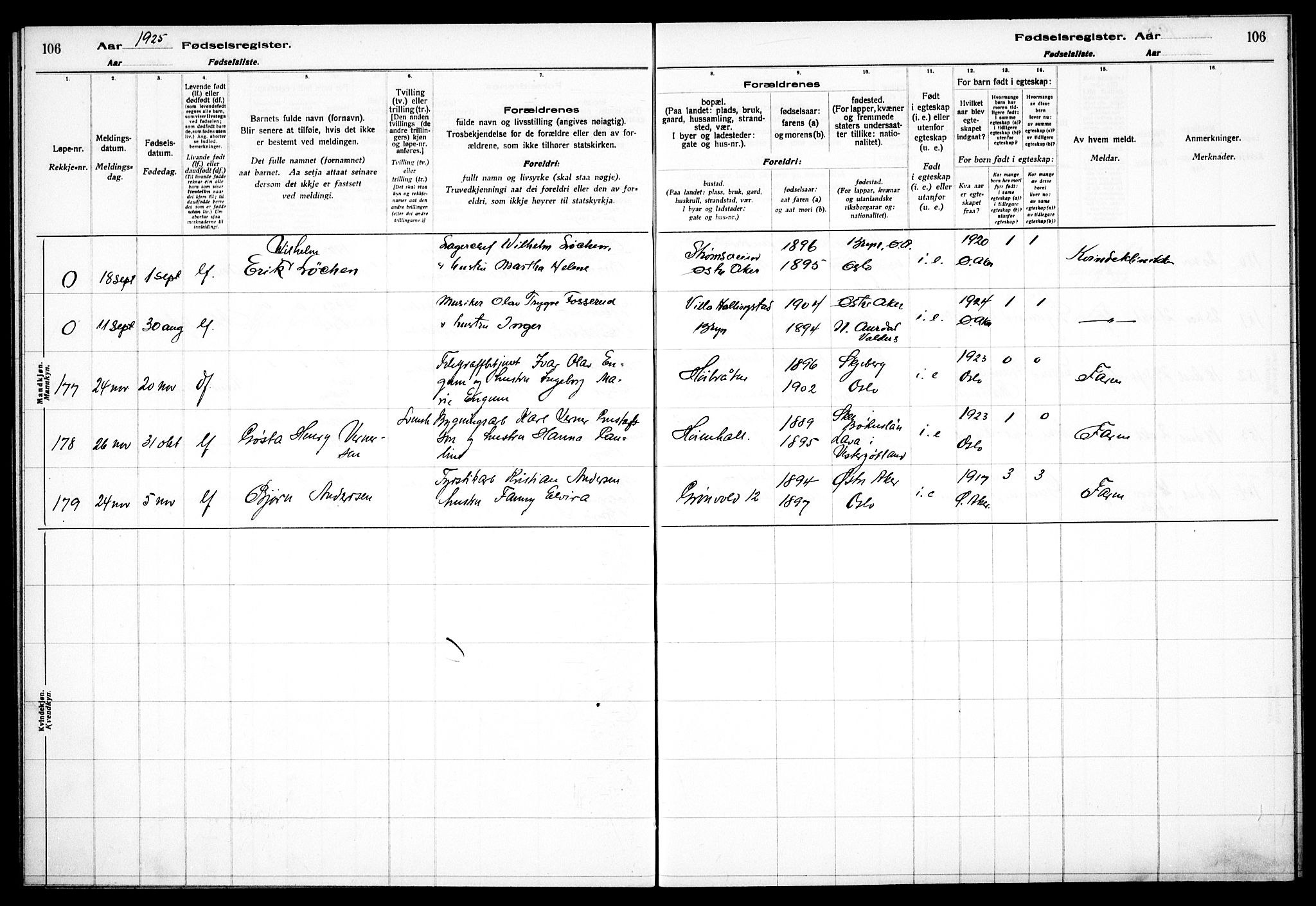 Østre Aker prestekontor Kirkebøker, AV/SAO-A-10840/J/Ja/L0002: Fødselsregister nr. I 2, 1923-1927, s. 106