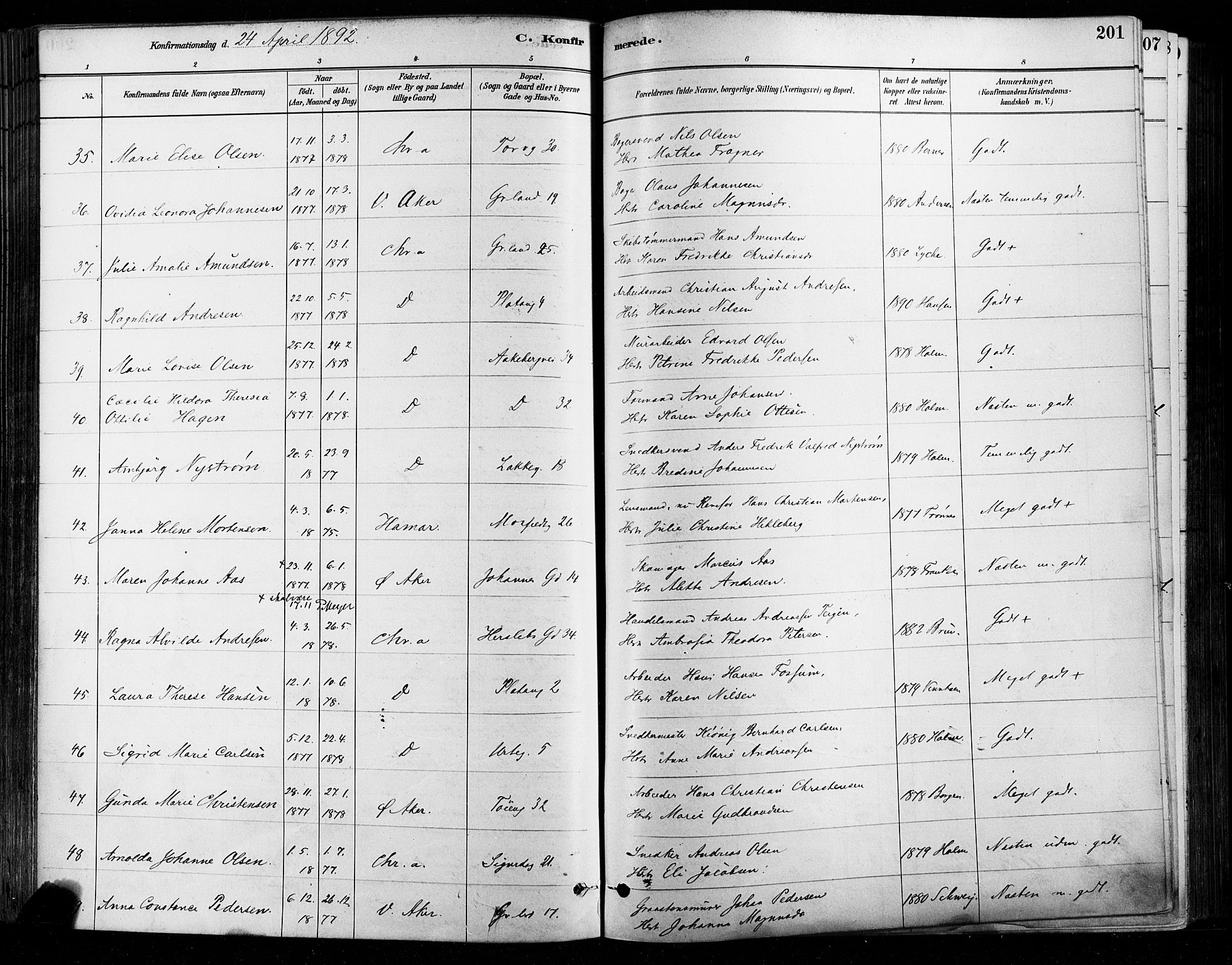 Grønland prestekontor Kirkebøker, SAO/A-10848/F/Fa/L0008: Ministerialbok nr. 8, 1881-1893, s. 201
