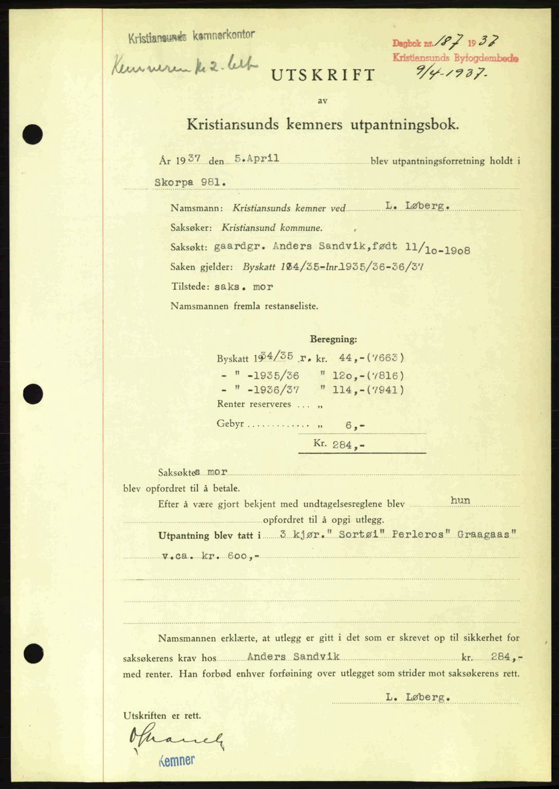 Kristiansund byfogd, SAT/A-4587/A/27: Pantebok nr. 29, 1936-1937, Dagboknr: 187/1937