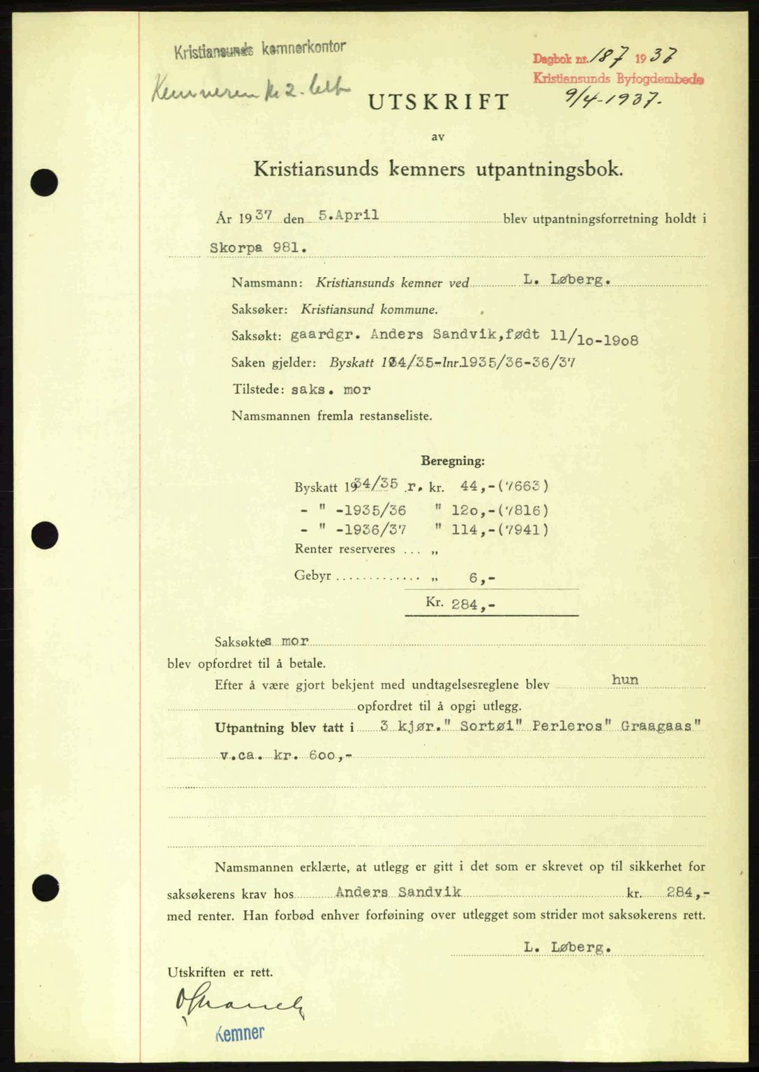 Kristiansund byfogd, AV/SAT-A-4587/A/27: Pantebok nr. 29, 1936-1937, Dagboknr: 187/1937