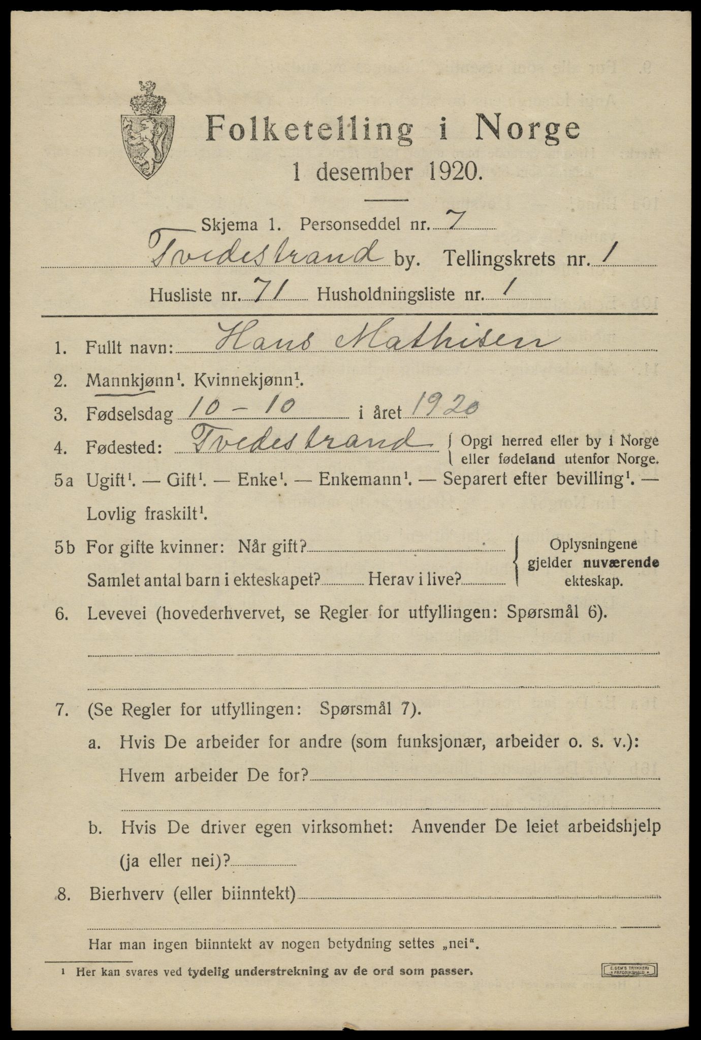 SAK, Folketelling 1920 for 0902 Tvedestrand ladested, 1920, s. 2127