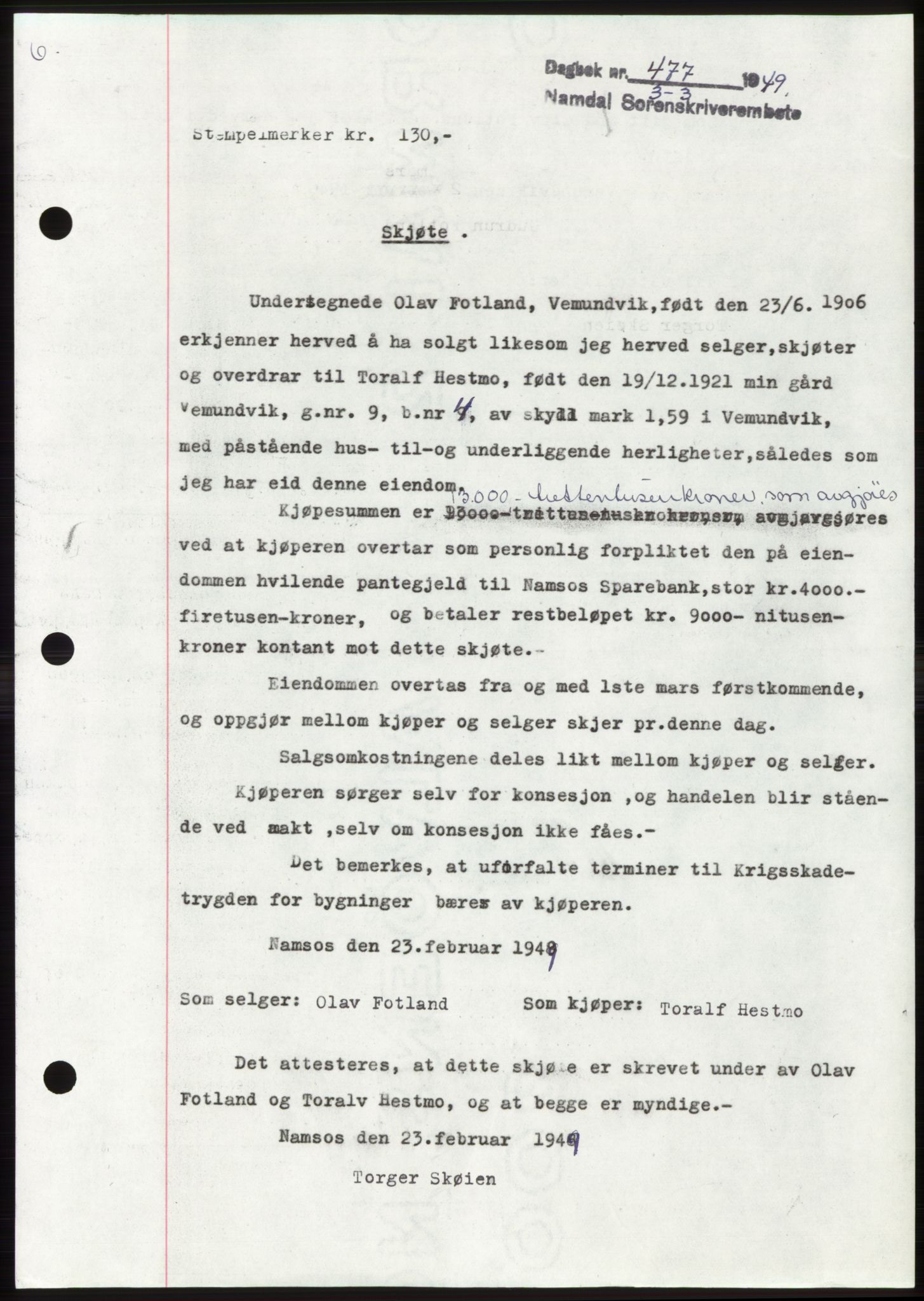 Namdal sorenskriveri, SAT/A-4133/1/2/2C: Pantebok nr. -, 1949-1949, Dagboknr: 477/1949