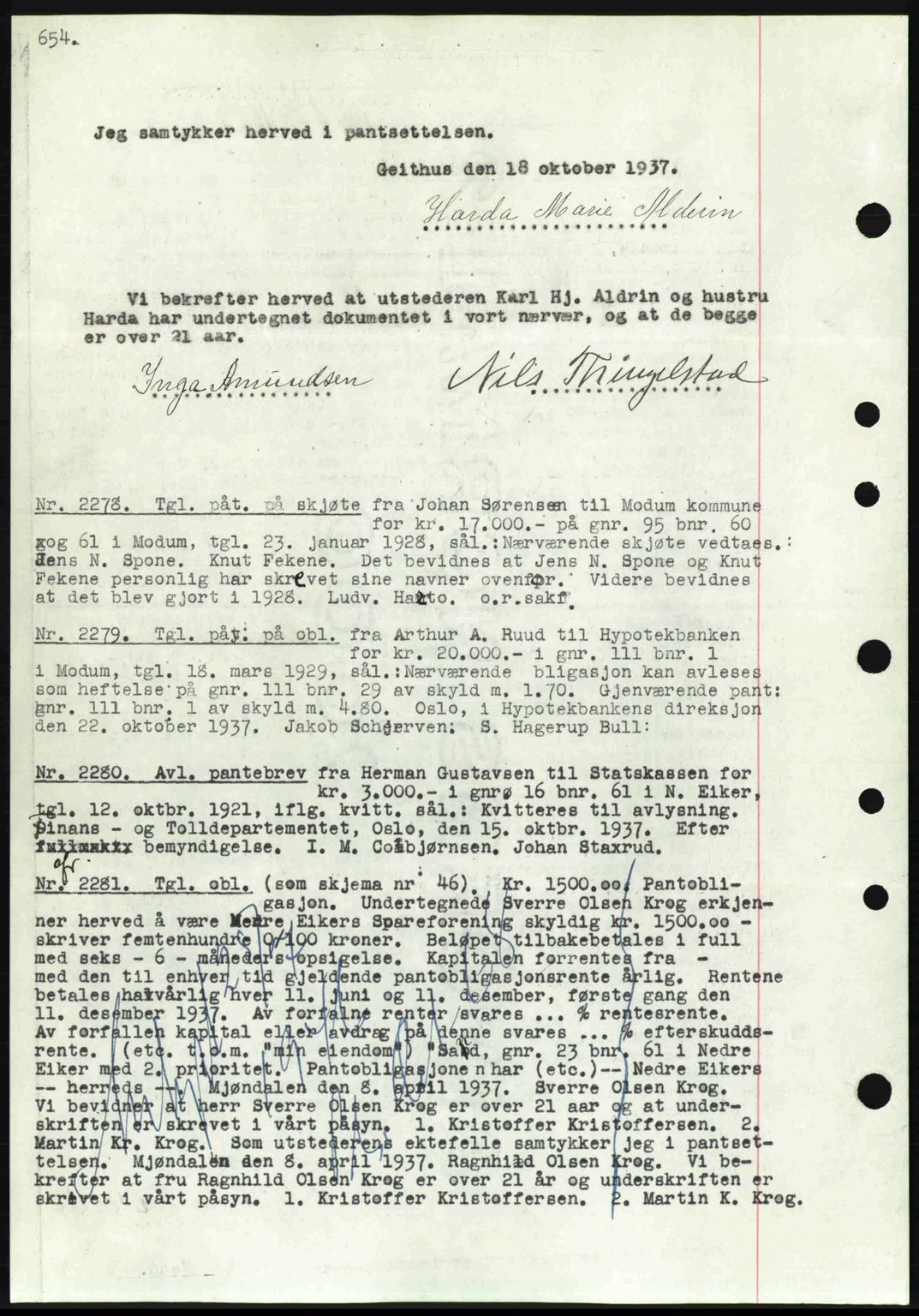Eiker, Modum og Sigdal sorenskriveri, SAKO/A-123/G/Ga/Gab/L0036: Pantebok nr. A6, 1937-1937, Dagboknr: 2278/1937