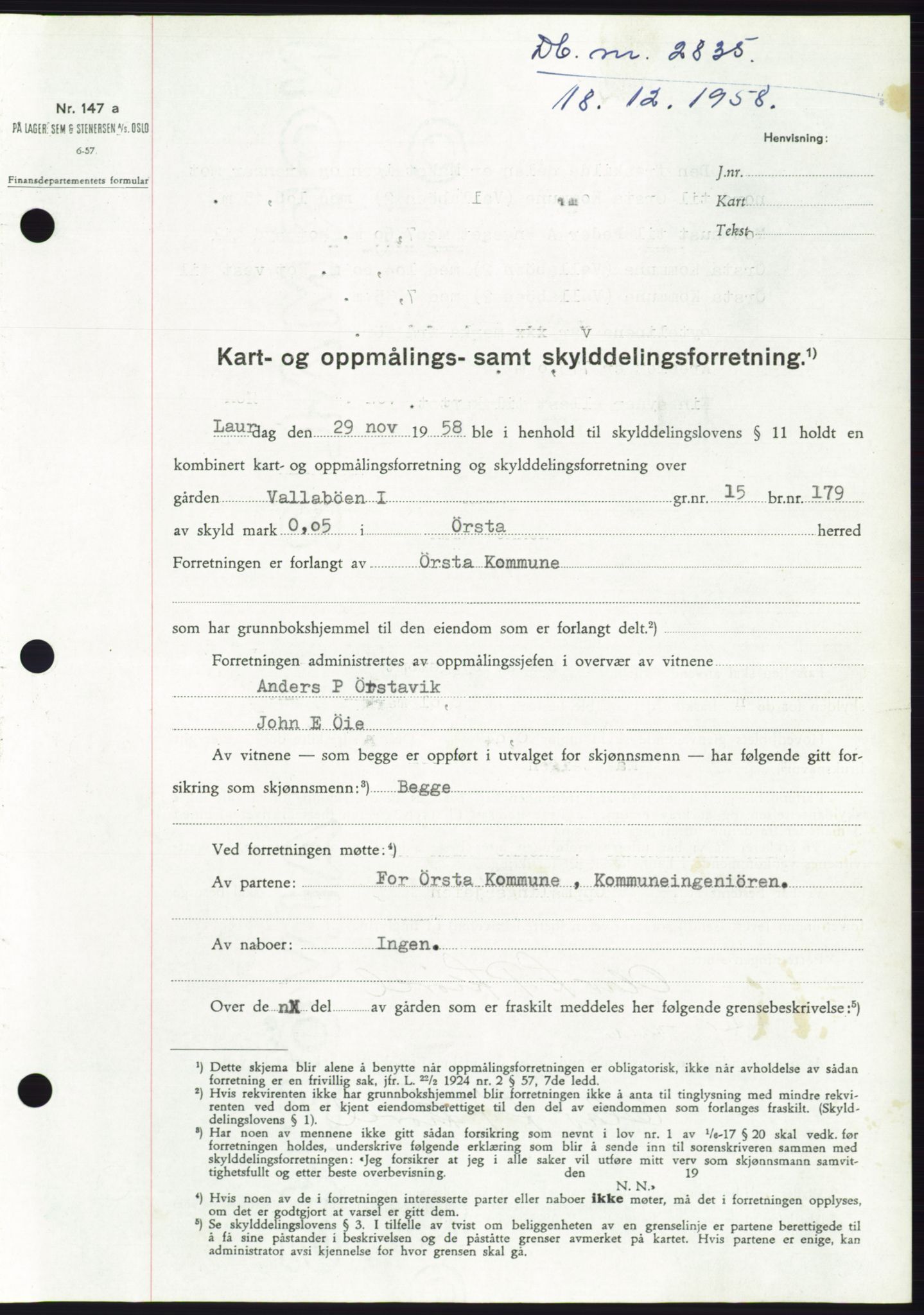Søre Sunnmøre sorenskriveri, SAT/A-4122/1/2/2C/L0111: Pantebok nr. 37A, 1958-1959, Dagboknr: 2835/1958