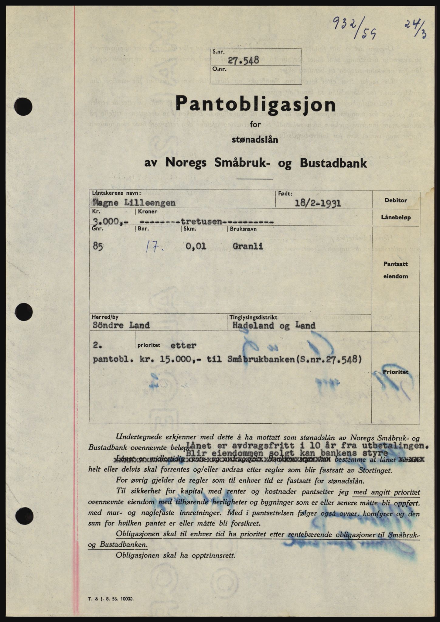 Hadeland og Land tingrett, SAH/TING-010/H/Hb/Hbc/L0040: Pantebok nr. B40, 1959-1959, Dagboknr: 932/1959