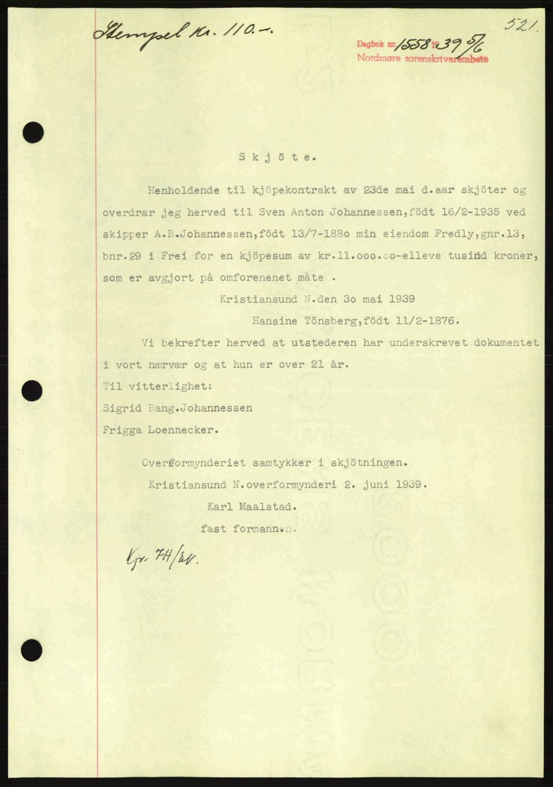 Nordmøre sorenskriveri, SAT/A-4132/1/2/2Ca: Pantebok nr. A86, 1939-1939, Dagboknr: 1558/1939