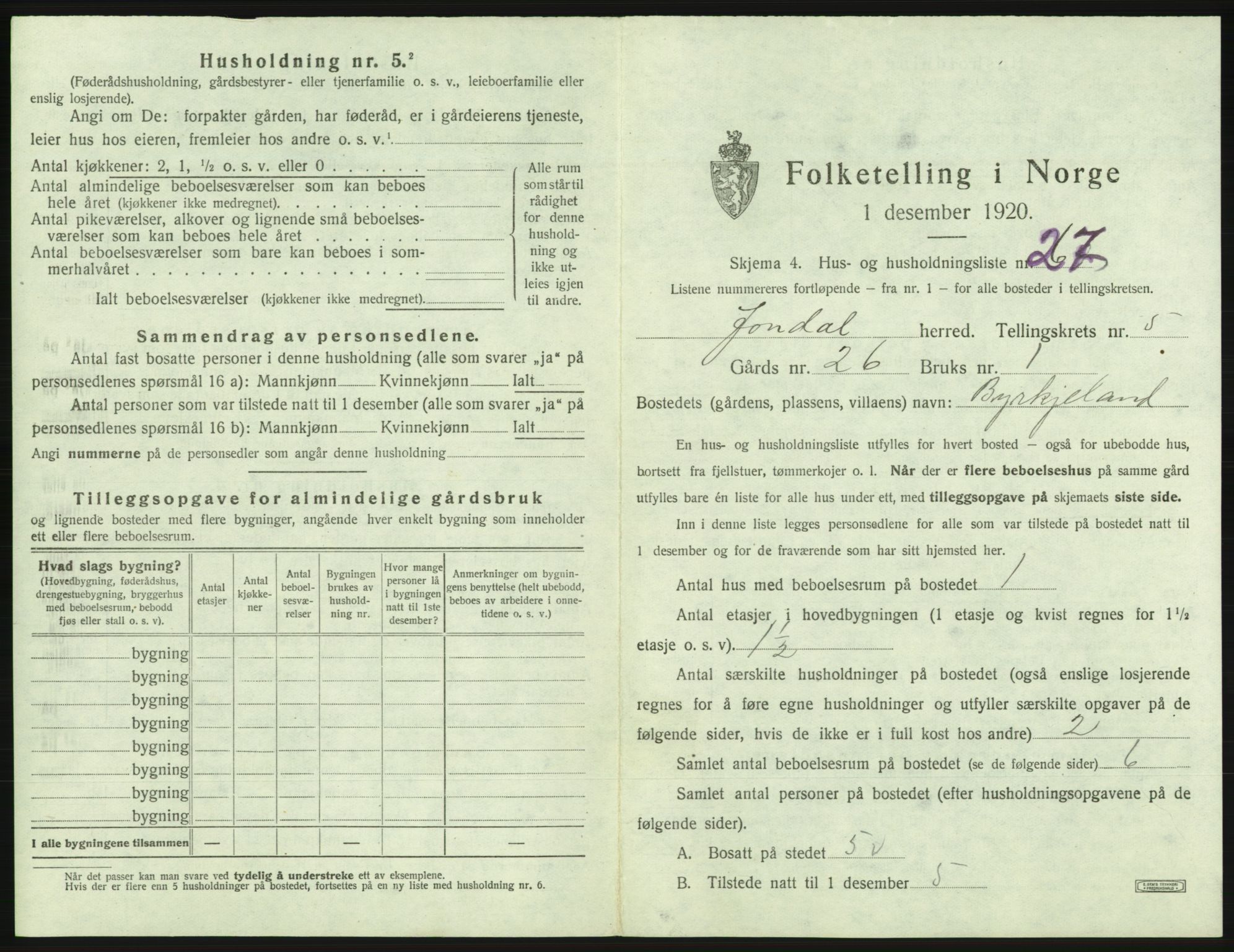 SAB, Folketelling 1920 for 1227 Jondal herred, 1920, s. 401