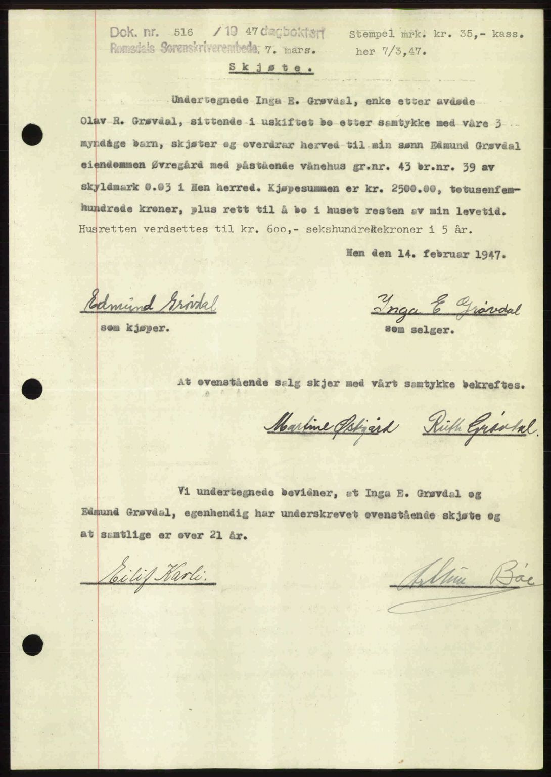 Romsdal sorenskriveri, AV/SAT-A-4149/1/2/2C: Pantebok nr. A22, 1947-1947, Dagboknr: 516/1947