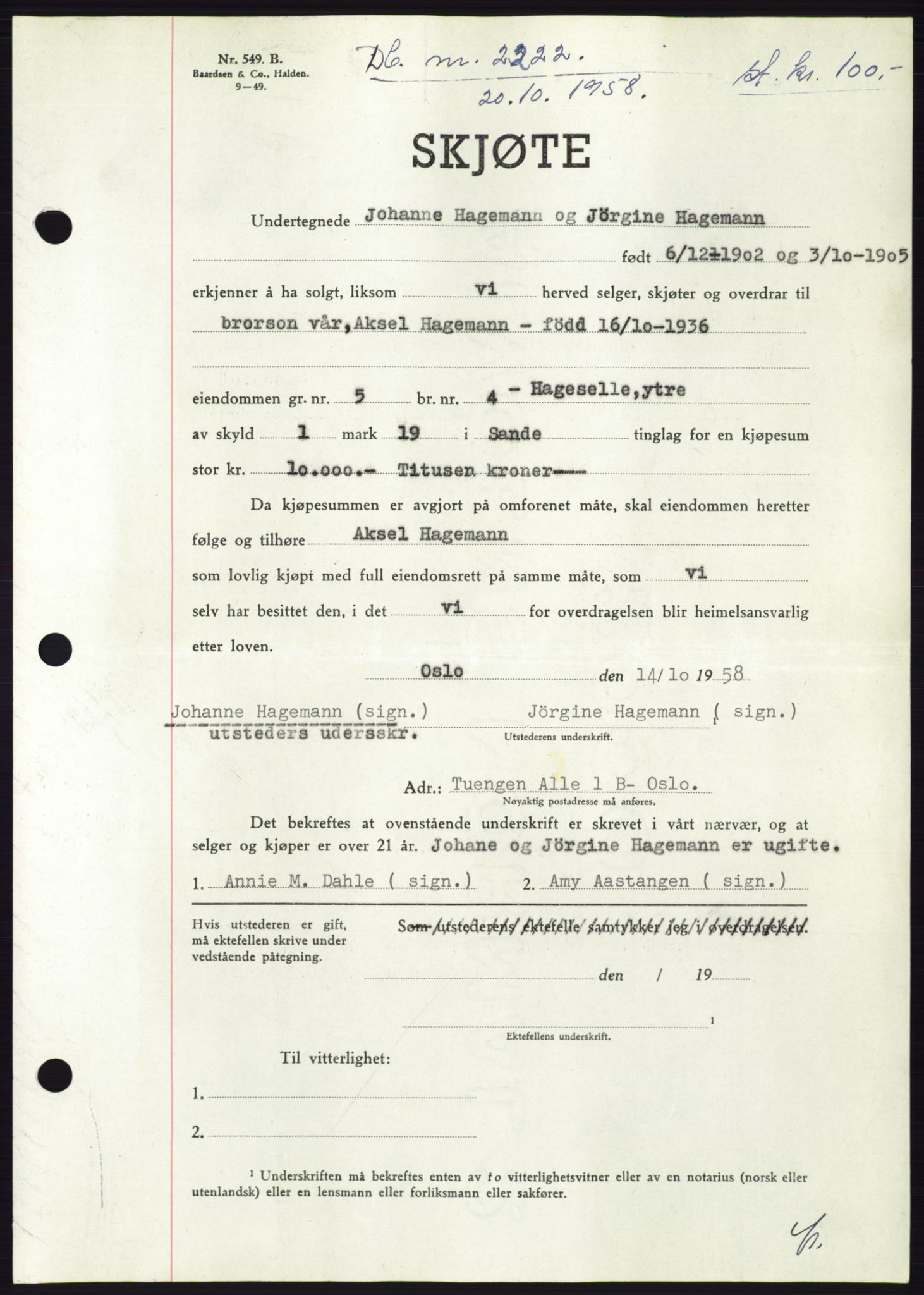 Søre Sunnmøre sorenskriveri, AV/SAT-A-4122/1/2/2C/L0110: Pantebok nr. 36A, 1958-1958, Dagboknr: 2222/1958