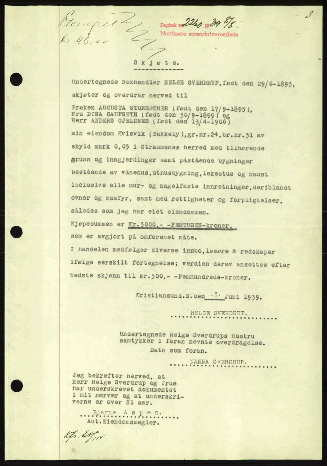 Nordmøre sorenskriveri, SAT/A-4132/1/2/2Ca: Pantebok nr. A87, 1939-1940, Dagboknr: 2260/1939