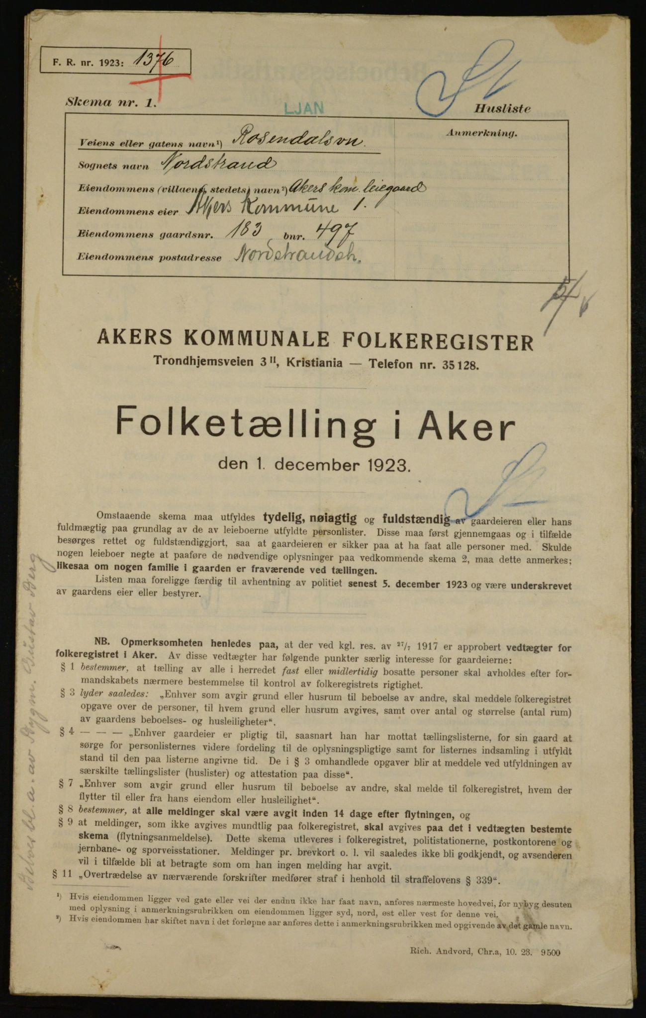 , Kommunal folketelling 1.12.1923 for Aker, 1923, s. 44517