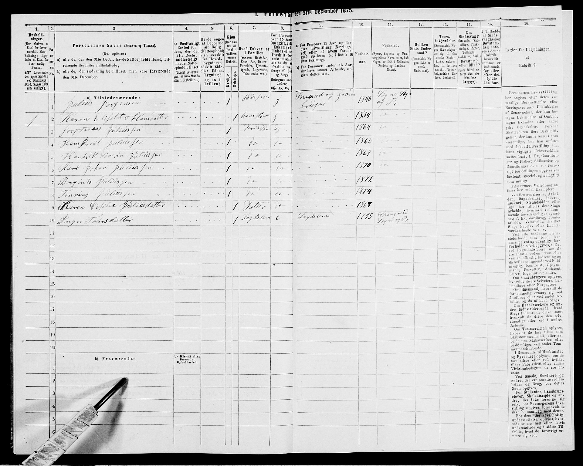 SAK, Folketelling 1875 for 1018P Søgne prestegjeld, 1875, s. 352