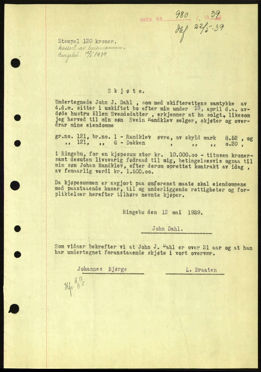 Sør-Gudbrandsdal tingrett, SAH/TING-004/H/Hb/Hbd/L0006: Pantebok nr. A6, 1939-1939, Dagboknr: 980/1939