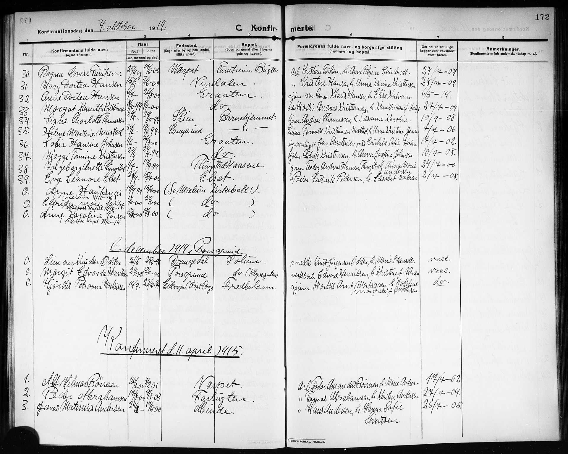 Solum kirkebøker, AV/SAKO-A-306/G/Ga/L0009: Klokkerbok nr. I 9, 1909-1922, s. 172