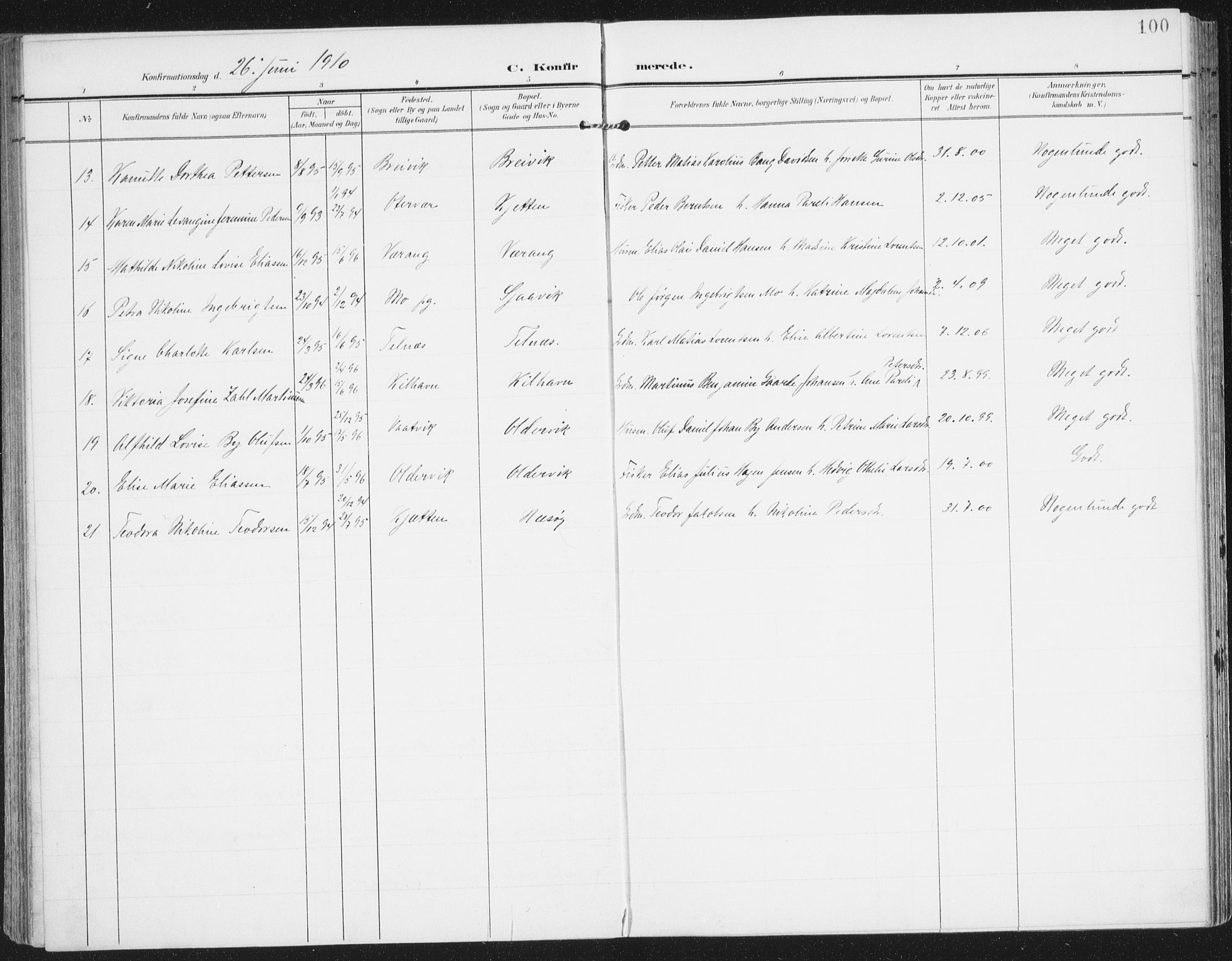 Ministerialprotokoller, klokkerbøker og fødselsregistre - Nordland, AV/SAT-A-1459/841/L0612: Ministerialbok nr. 841A15, 1902-1910, s. 100