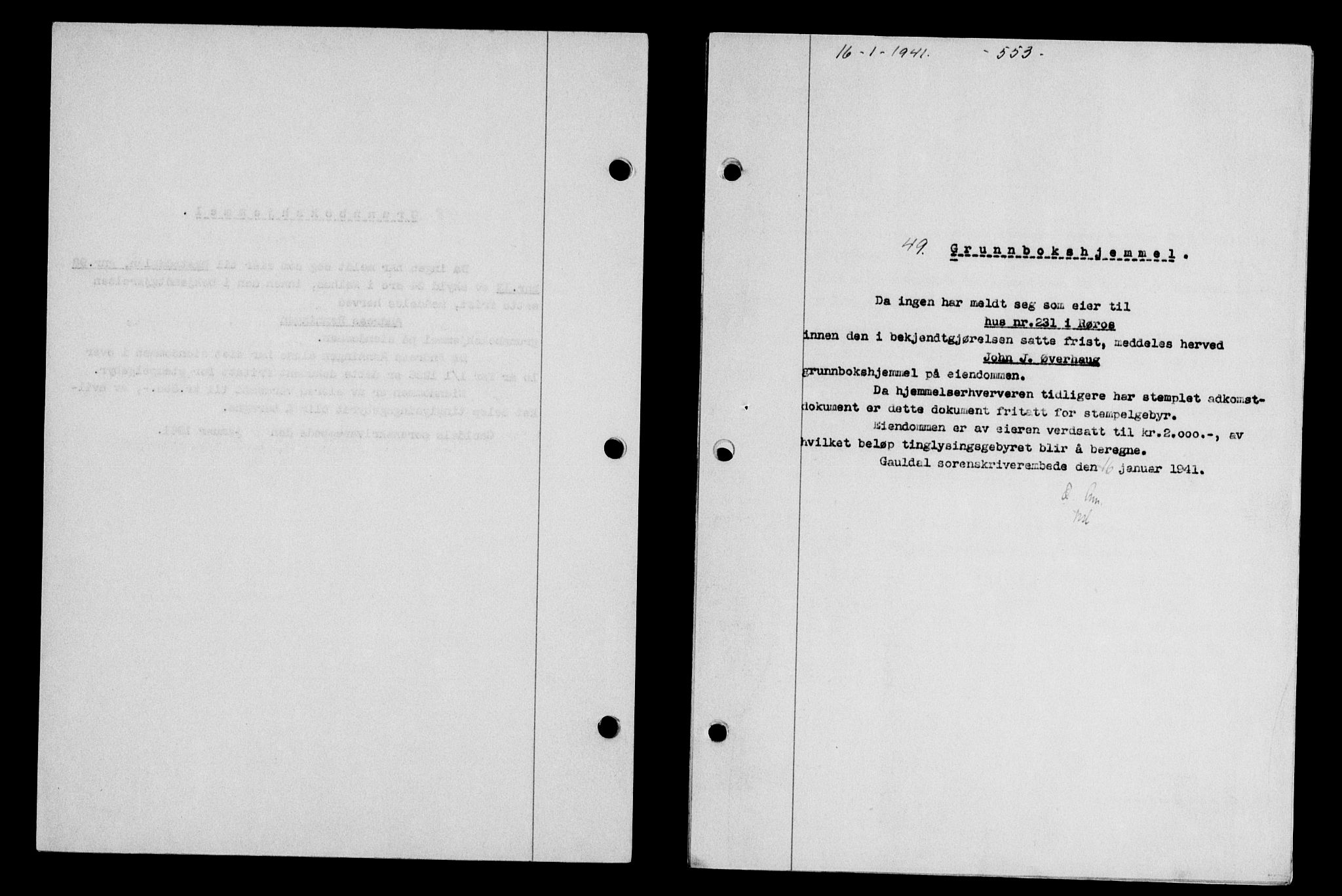 Gauldal sorenskriveri, SAT/A-0014/1/2/2C/L0052: Pantebok nr. 57, 1940-1941, Dagboknr: 49/1941