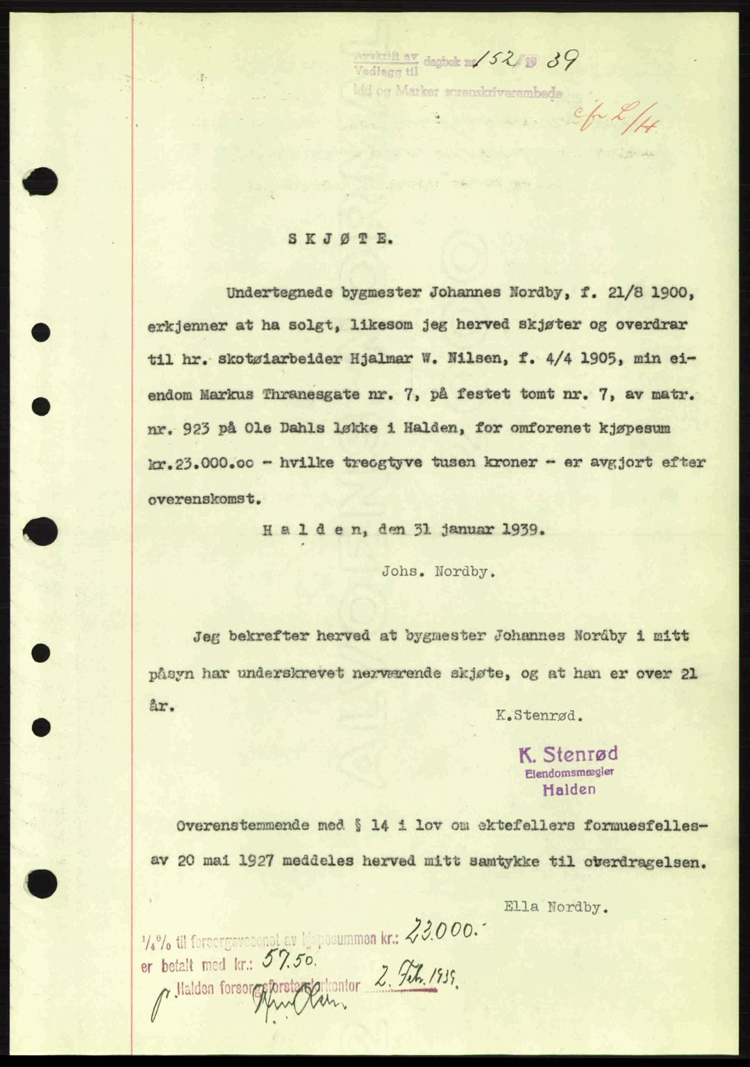 Idd og Marker sorenskriveri, AV/SAO-A-10283/G/Gb/Gbb/L0003: Pantebok nr. A3, 1938-1939, Dagboknr: 152/1939