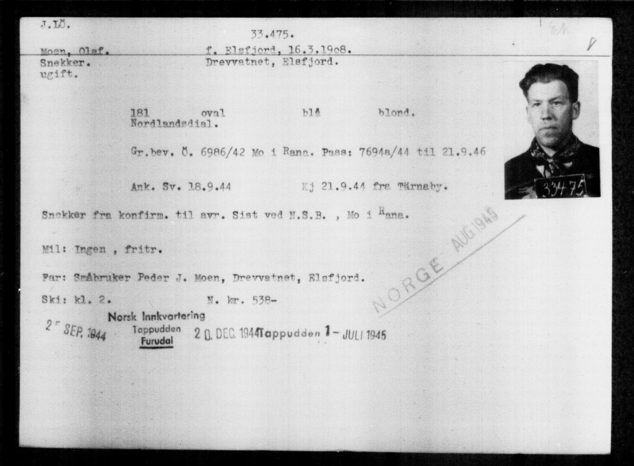 Utenriksstasjonene, Legasjonen i Stockholm, Flyktningkontoret, AV/RA-S-6753/V/Va/L0013: Kjesäterkartoteket, flyktninger med registreringsnr. 31500-34731, 1940-1945, s. 2081