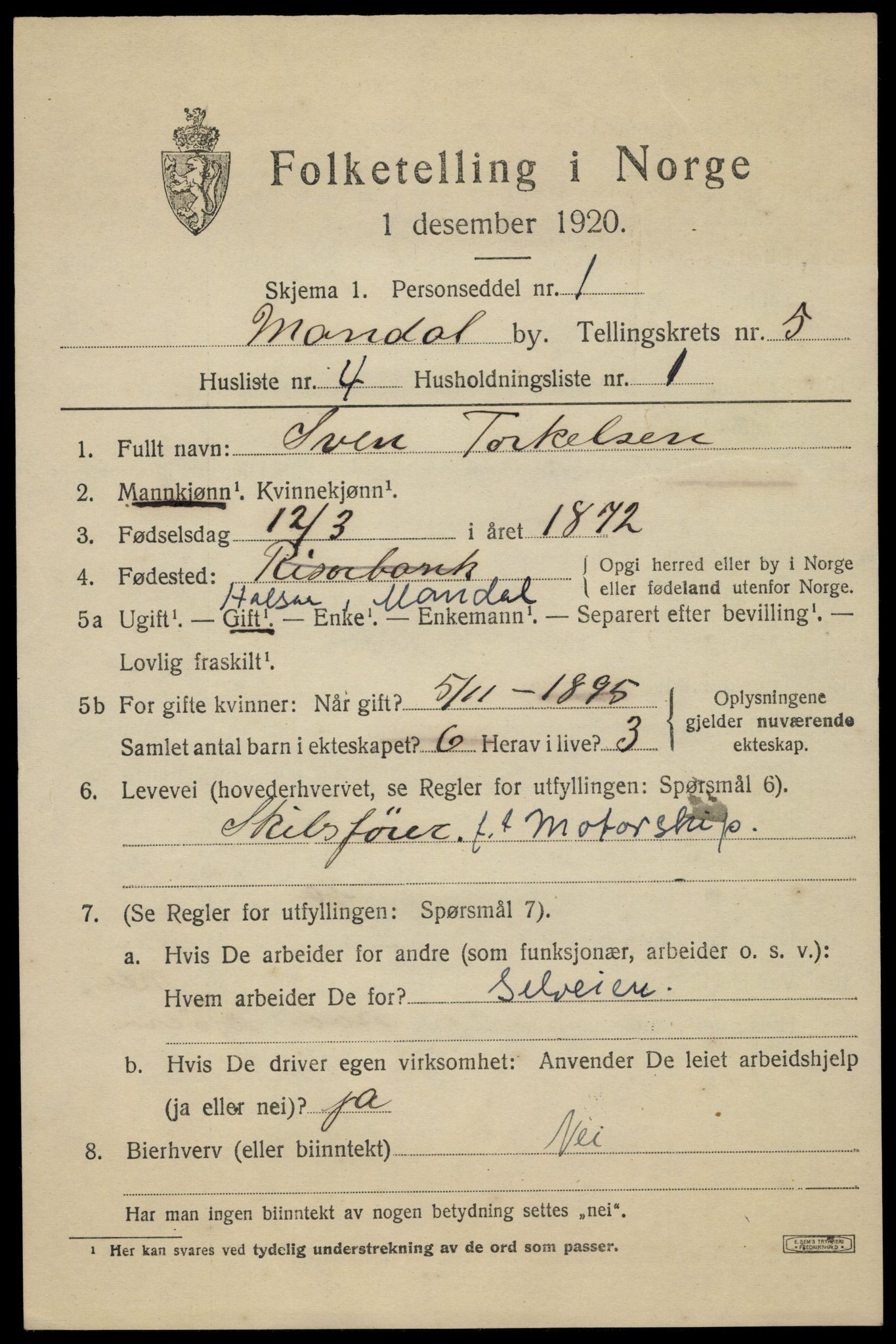 SAK, Folketelling 1920 for 1002 Mandal ladested, 1920, s. 8225
