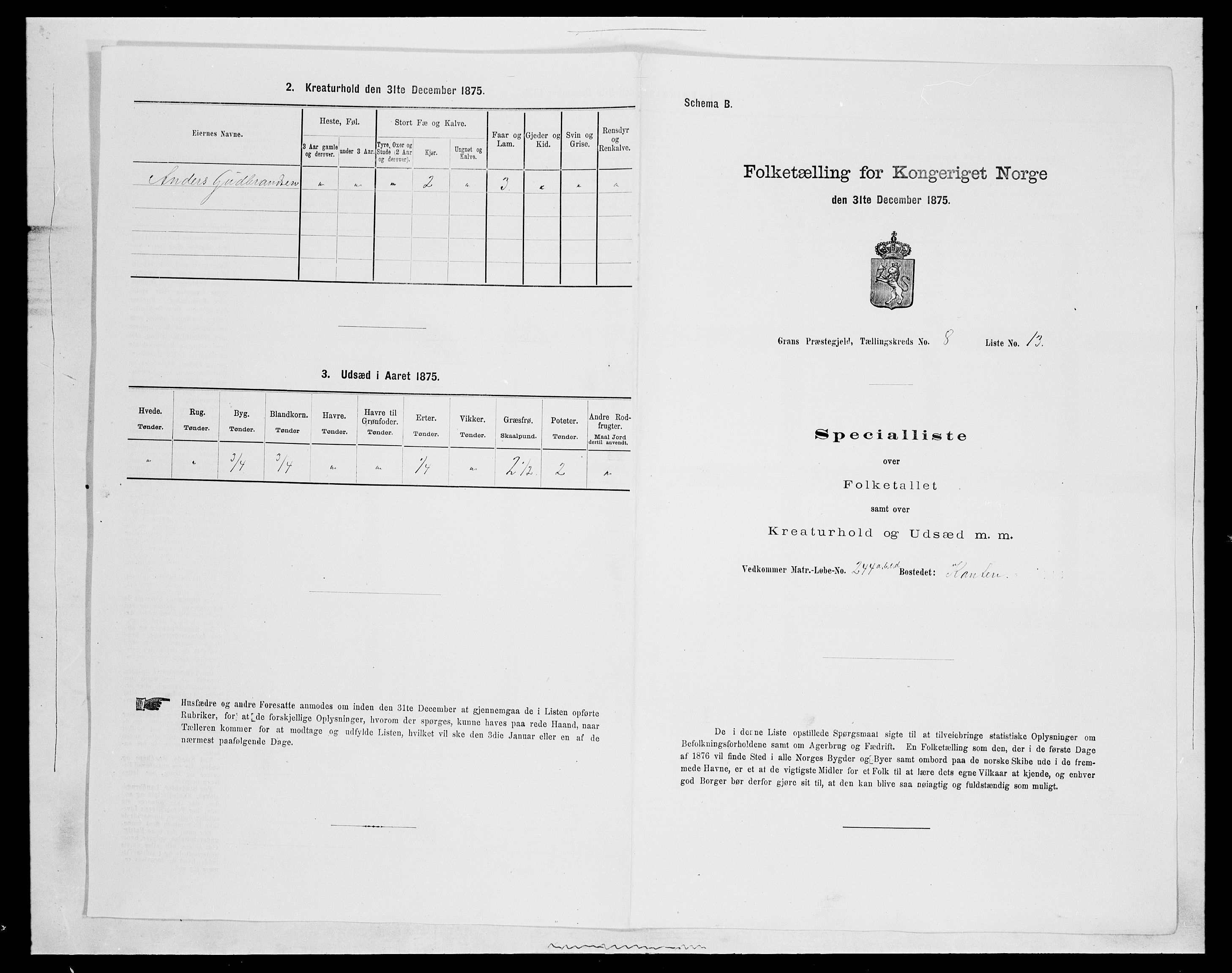 SAH, Folketelling 1875 for 0534P Gran prestegjeld, 1875, s. 1505