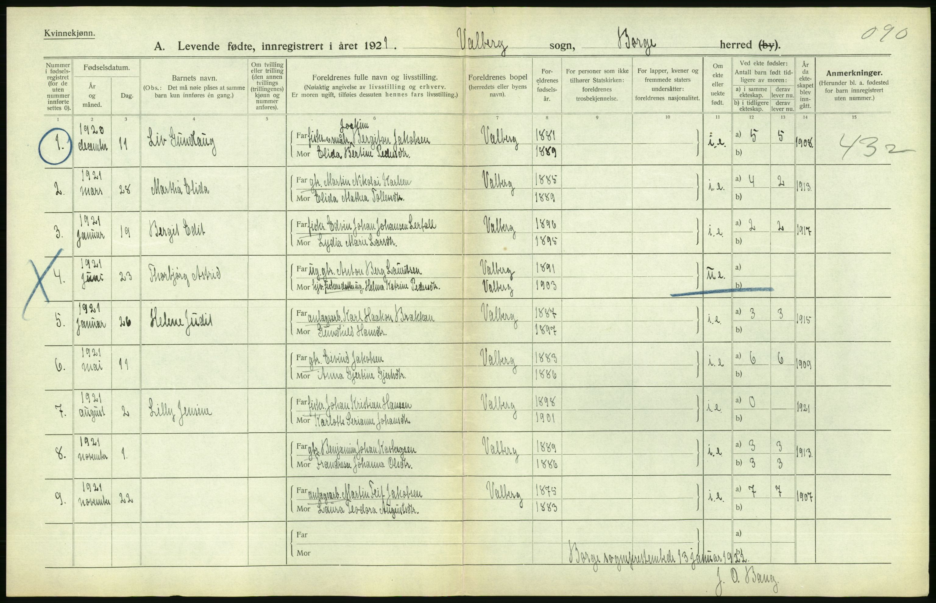 Statistisk sentralbyrå, Sosiodemografiske emner, Befolkning, AV/RA-S-2228/D/Df/Dfc/Dfca/L0049: Nordland fylke: Levendefødte menn og kvinner. Bygder., 1921, s. 322