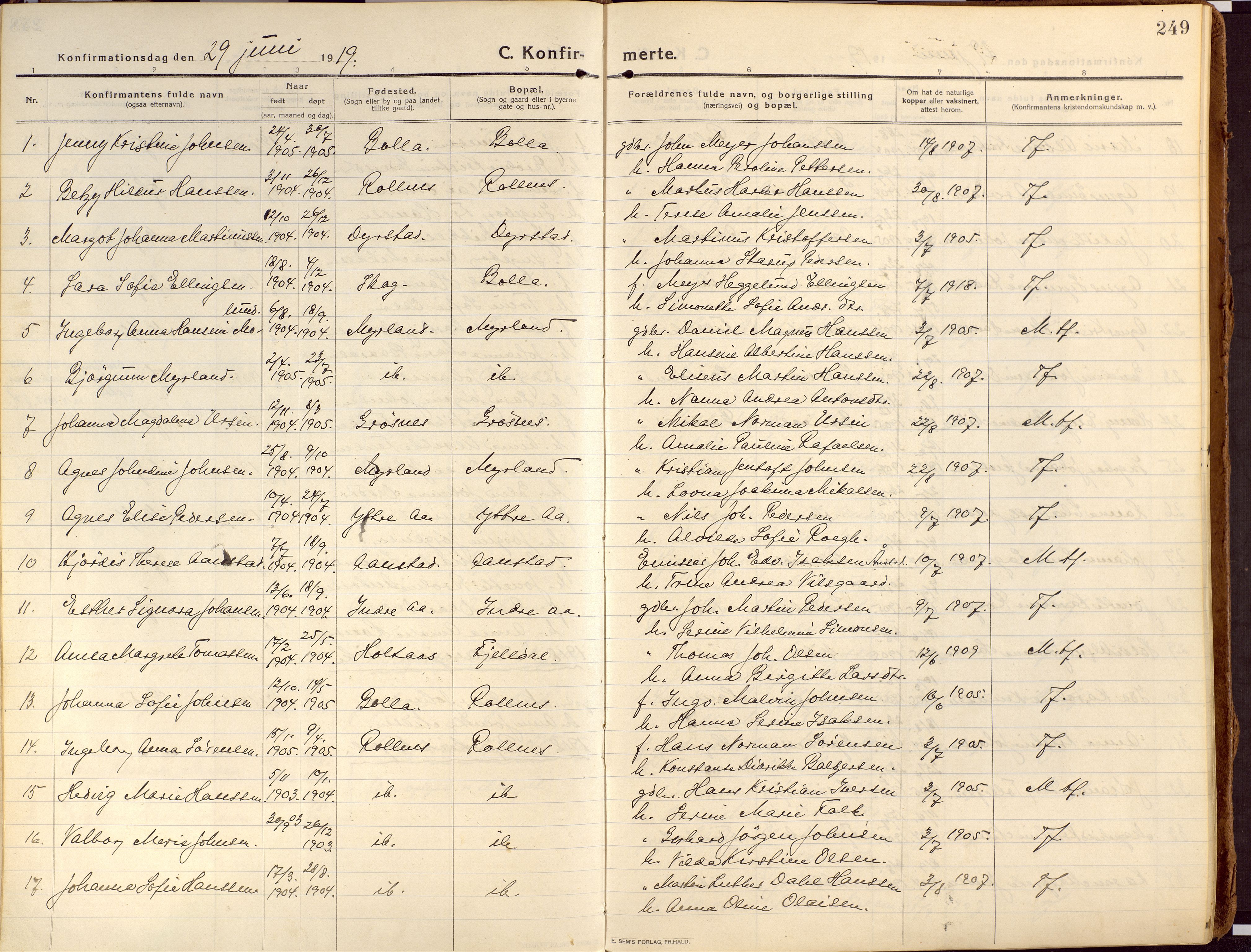 Ibestad sokneprestembete, AV/SATØ-S-0077/H/Ha/Haa/L0018kirke: Ministerialbok nr. 18, 1915-1929, s. 249