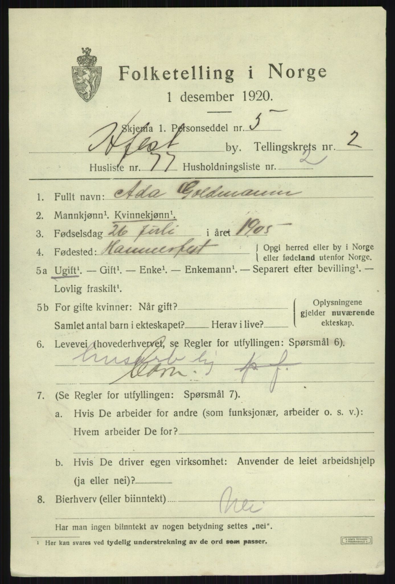 SATØ, Folketelling 1920 for 2001 Hammerfest kjøpstad, 1920, s. 7577