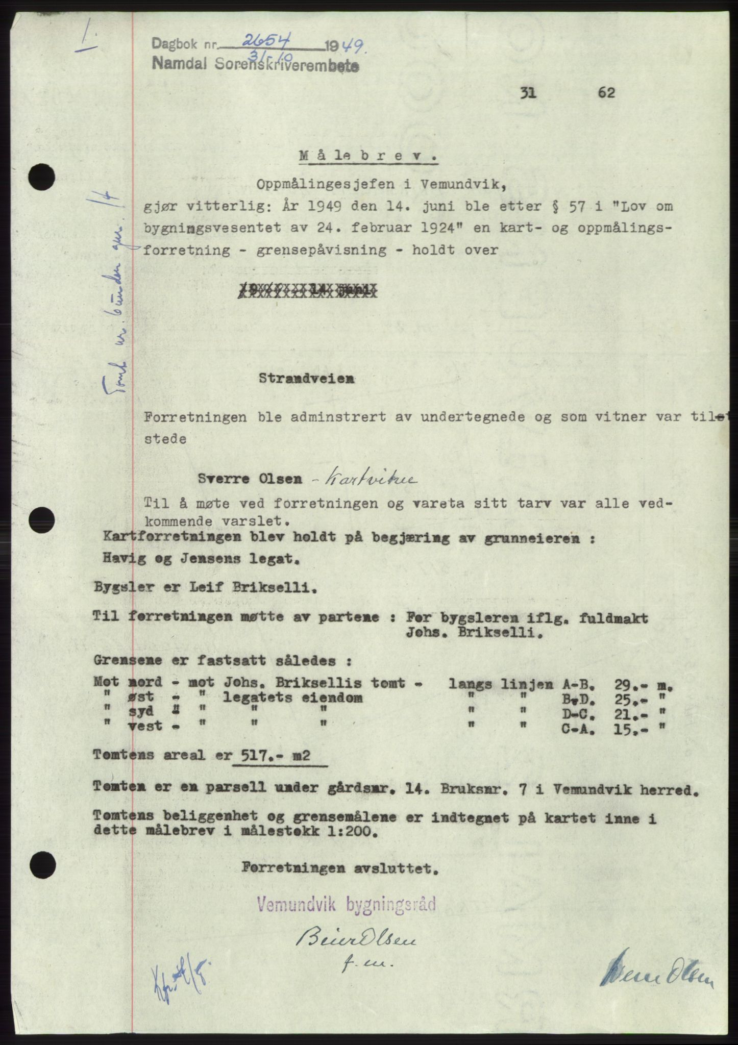 Namdal sorenskriveri, SAT/A-4133/1/2/2C: Pantebok nr. -, 1949-1949, Dagboknr: 2654/1949