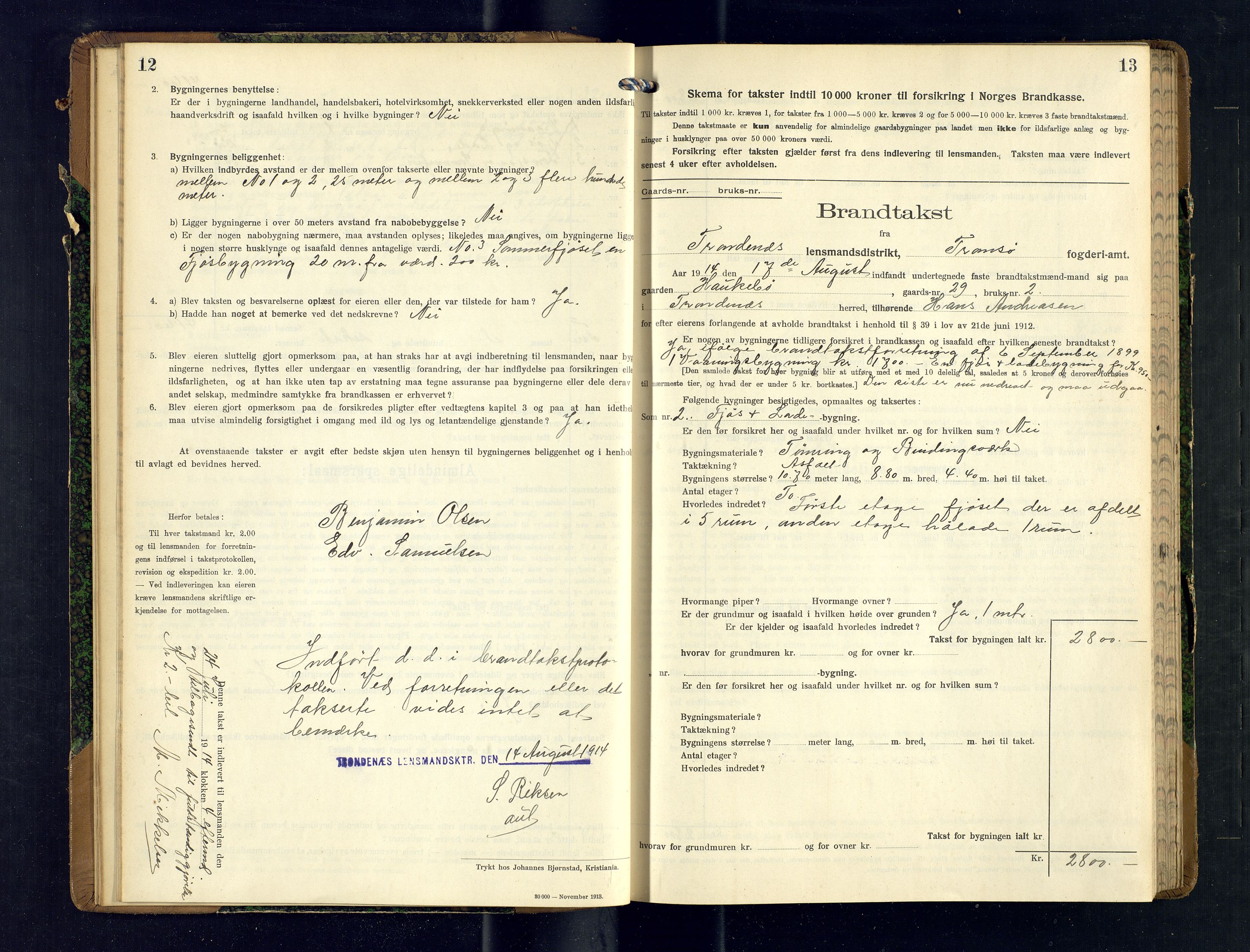 Harstad lensmannskontor, SATØ/SATØ-10/F/Fr/Fra/L0606: Branntakstprotokoll (S). Merket U. Med register, 1914-1916, s. 12-13