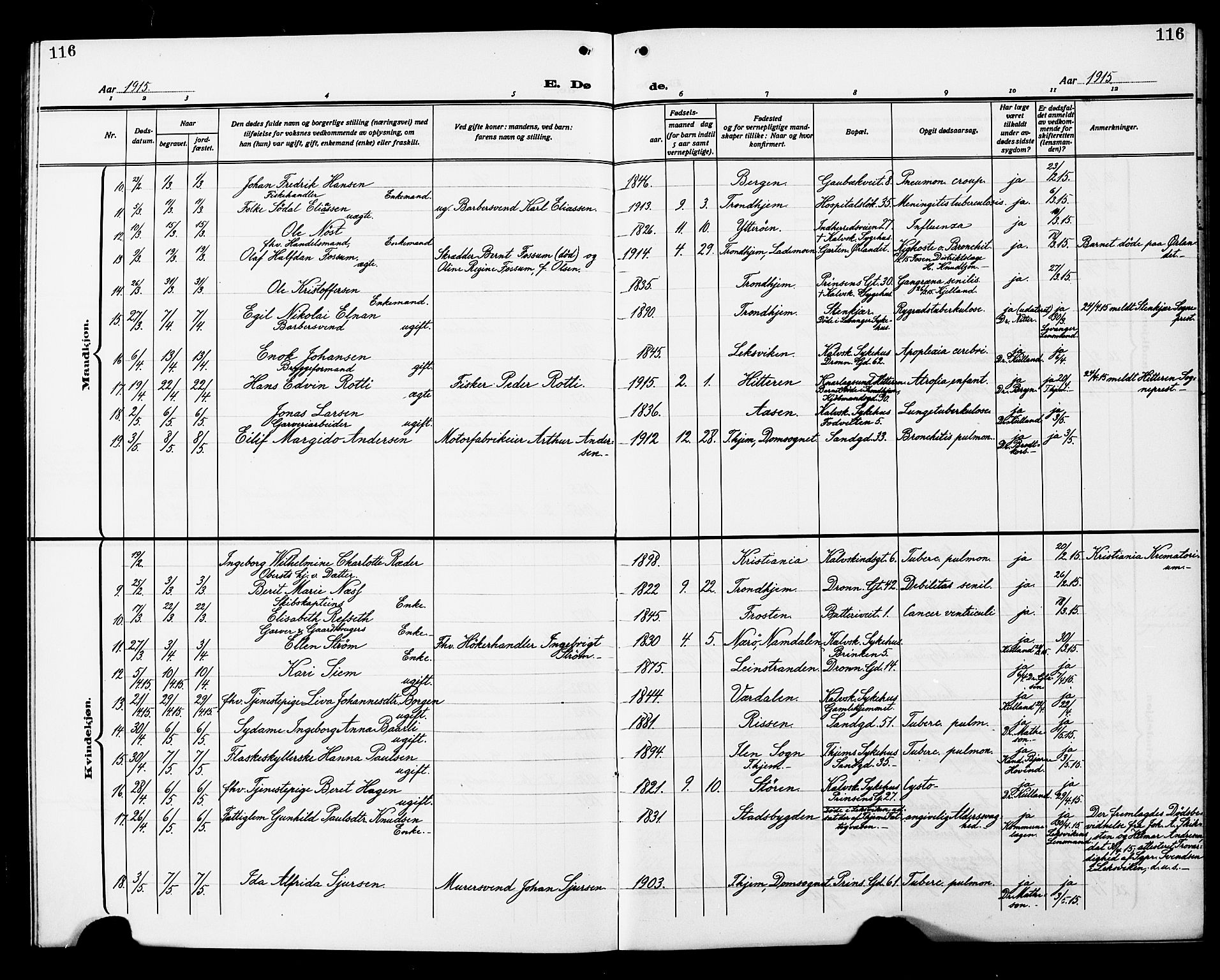 Ministerialprotokoller, klokkerbøker og fødselsregistre - Sør-Trøndelag, SAT/A-1456/602/L0147: Klokkerbok nr. 602C15, 1911-1924, s. 116