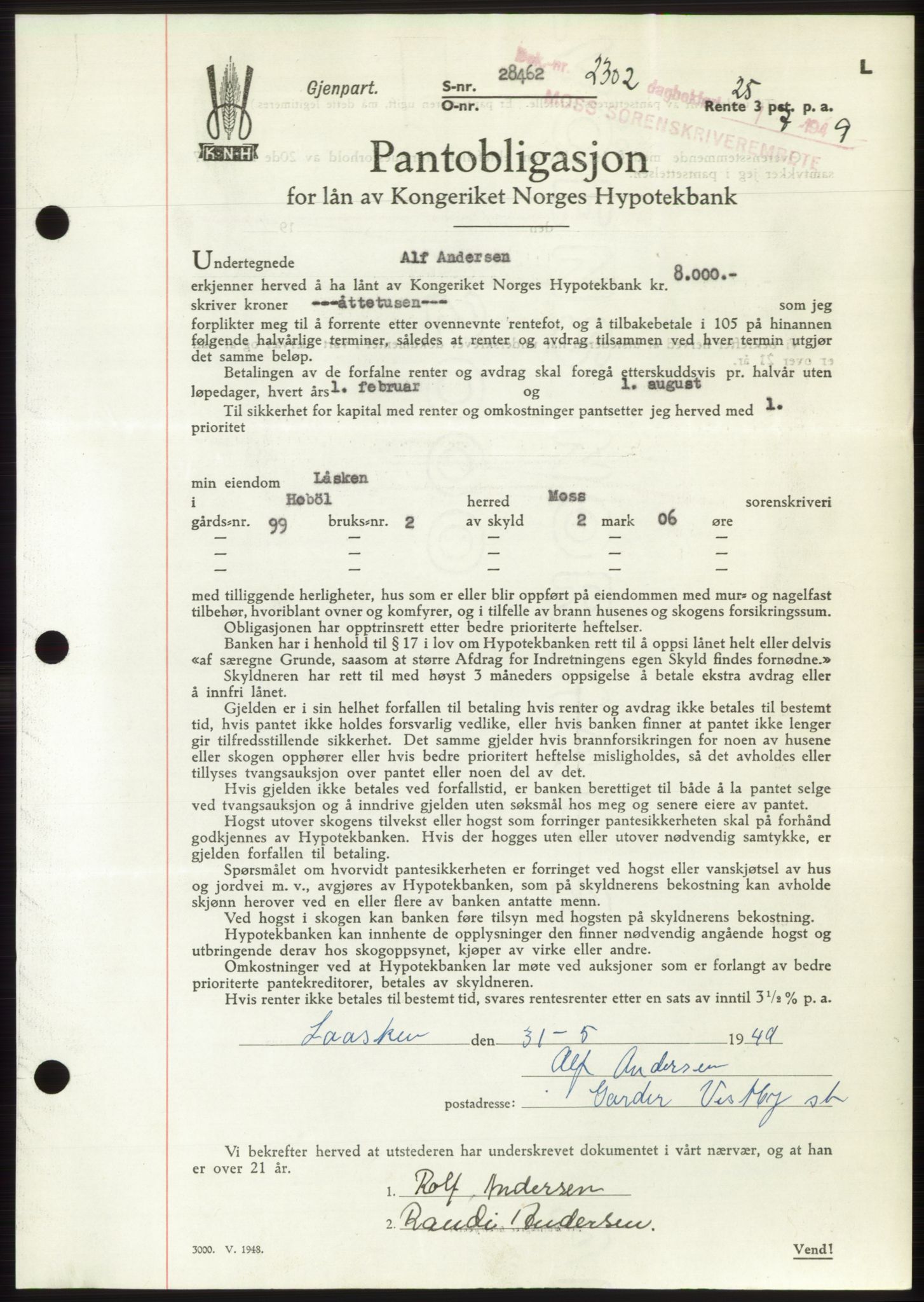 Moss sorenskriveri, SAO/A-10168: Pantebok nr. B22, 1949-1949, Dagboknr: 2302/1949