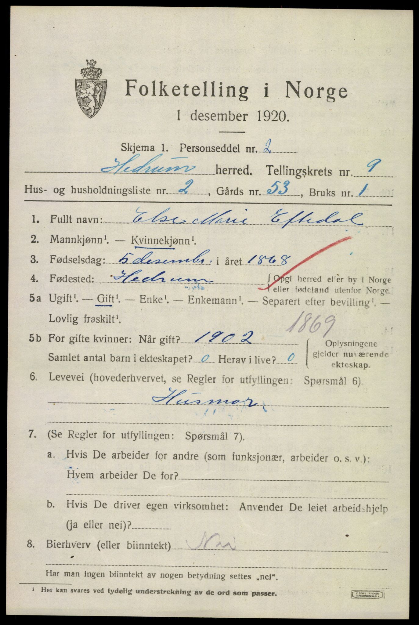 SAKO, Folketelling 1920 for 0727 Hedrum herred, 1920, s. 6819