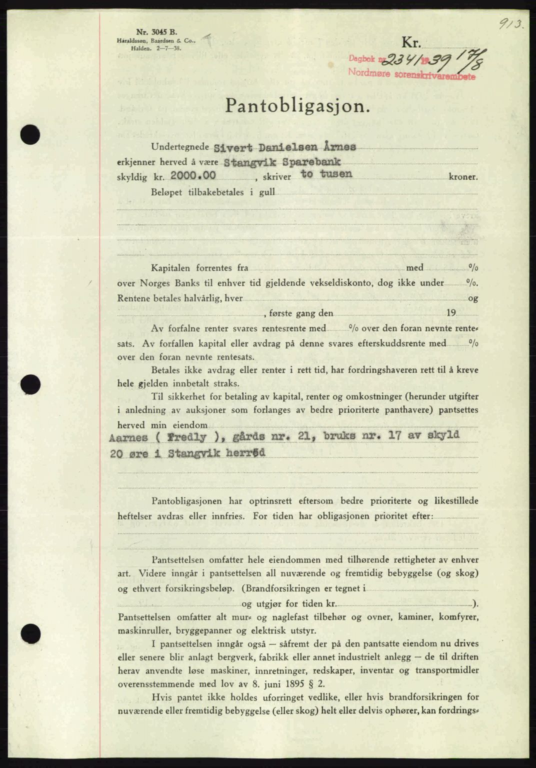 Nordmøre sorenskriveri, SAT/A-4132/1/2/2Ca: Pantebok nr. B85, 1939-1939, Dagboknr: 2341/1939