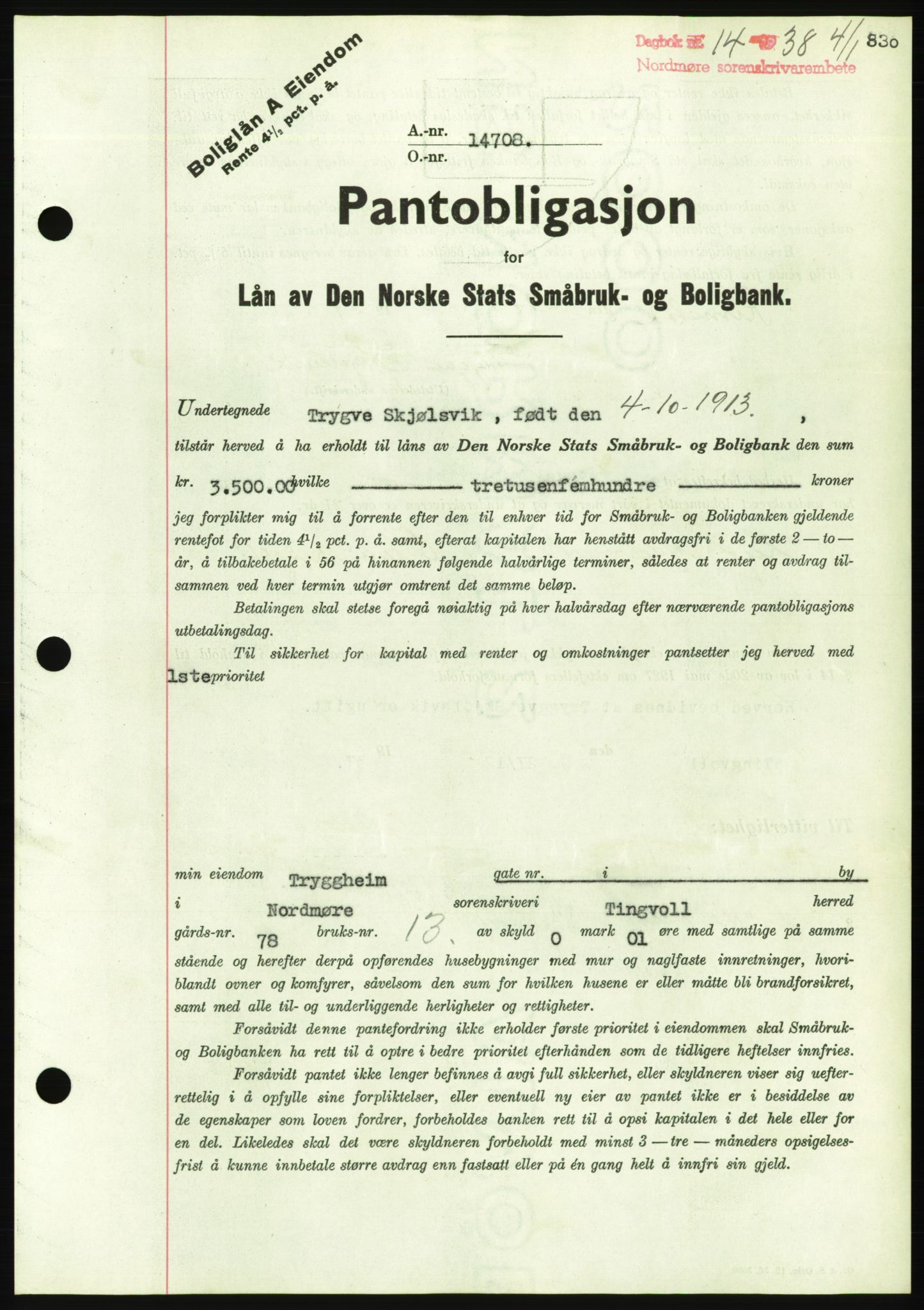 Nordmøre sorenskriveri, AV/SAT-A-4132/1/2/2Ca/L0092: Pantebok nr. B82, 1937-1938, Dagboknr: 14/1938