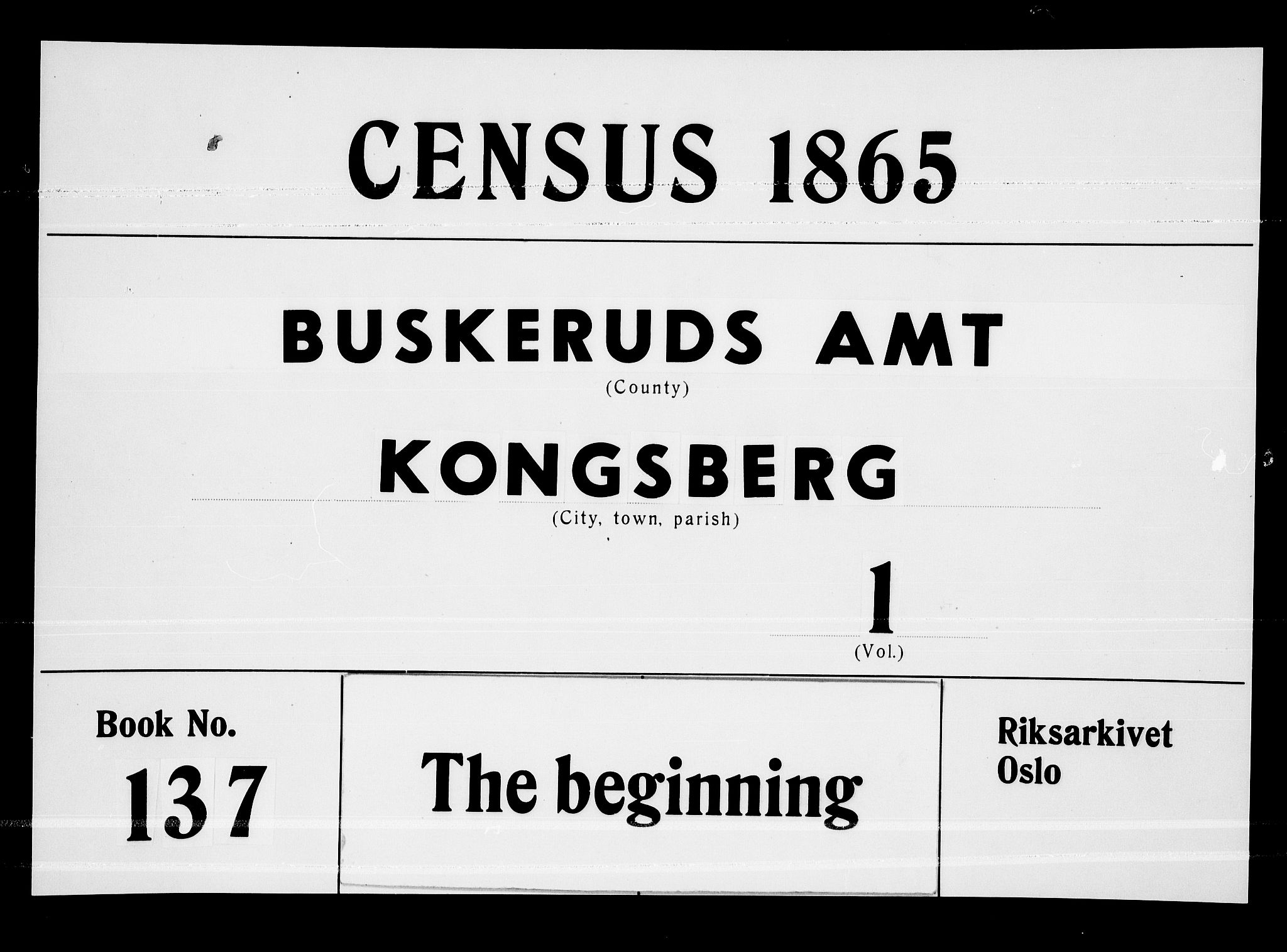 RA, Folketelling 1865 for 0604B Kongsberg prestegjeld, Kongsberg kjøpstad, 1865, s. 1