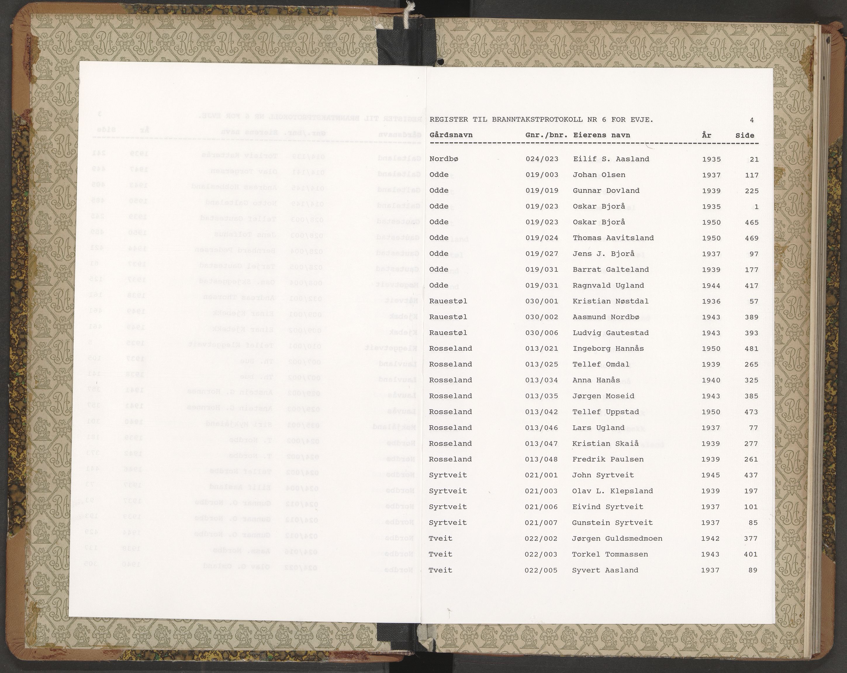 Norges Brannkasse Evje, AV/SAK-2241-0010/F/Fa/L0006: Branntakstprotokoll nr. 6 med gårdsnavnregister, 1935-1950
