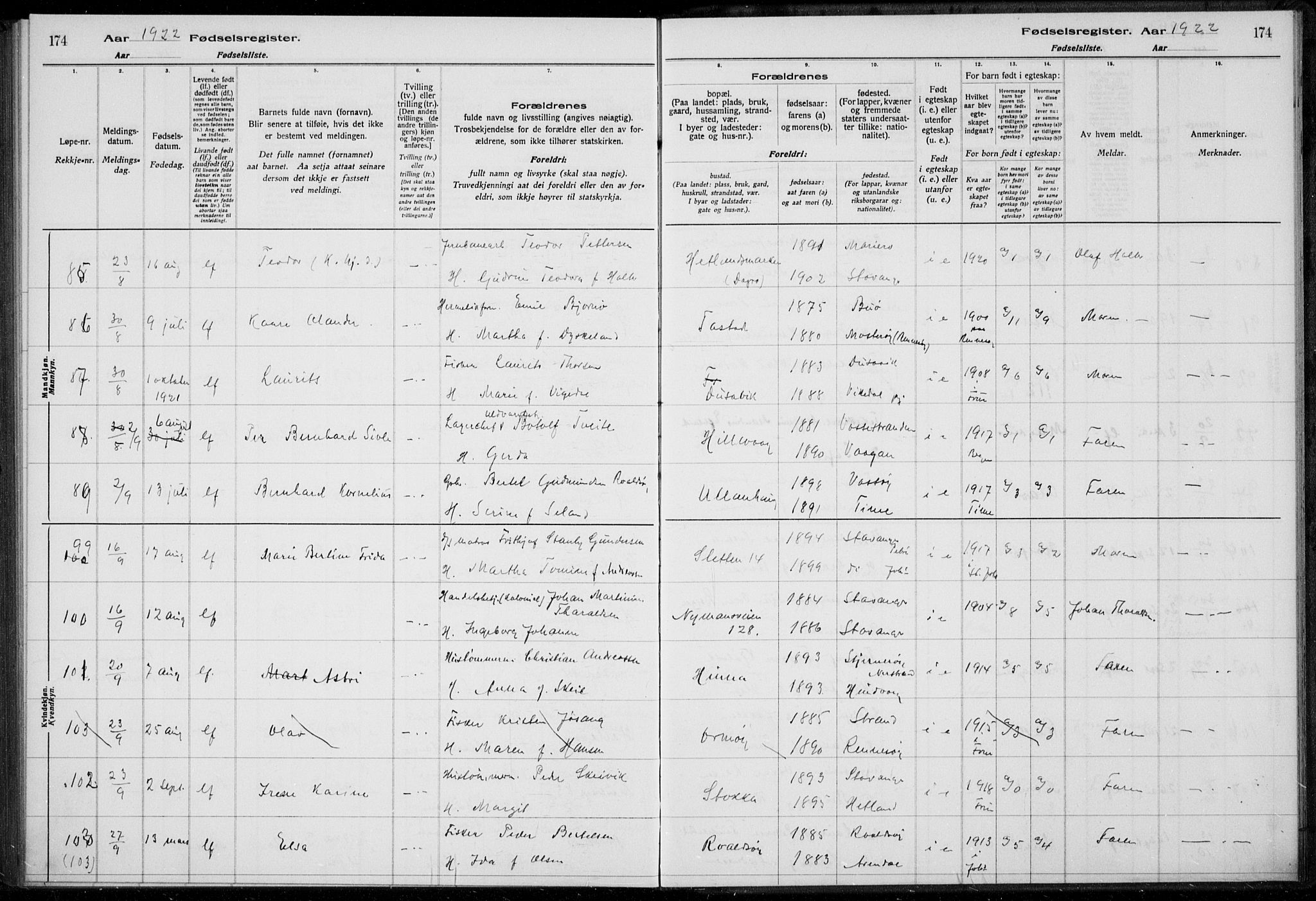 Hetland sokneprestkontor, AV/SAST-A-101826/70/704BA/L0003: Fødselsregister nr. 1, 1916-1923, s. 174