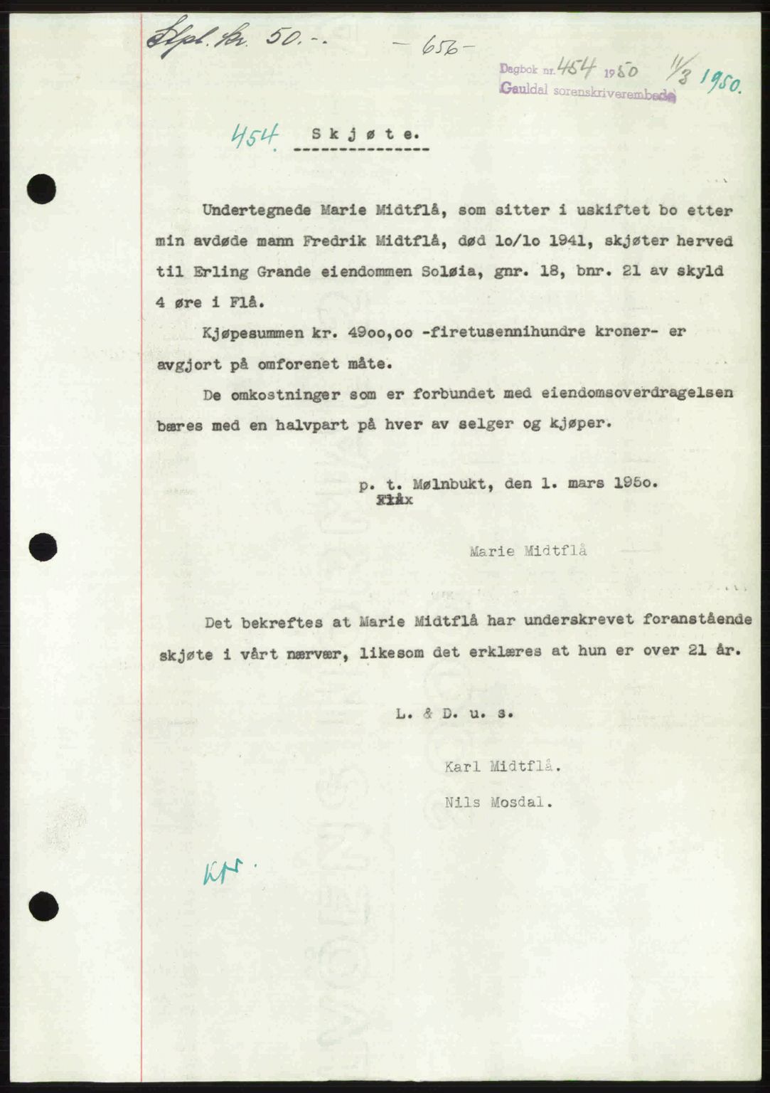 Gauldal sorenskriveri, SAT/A-0014/1/2/2C: Pantebok nr. A9, 1949-1950, Dagboknr: 454/1950