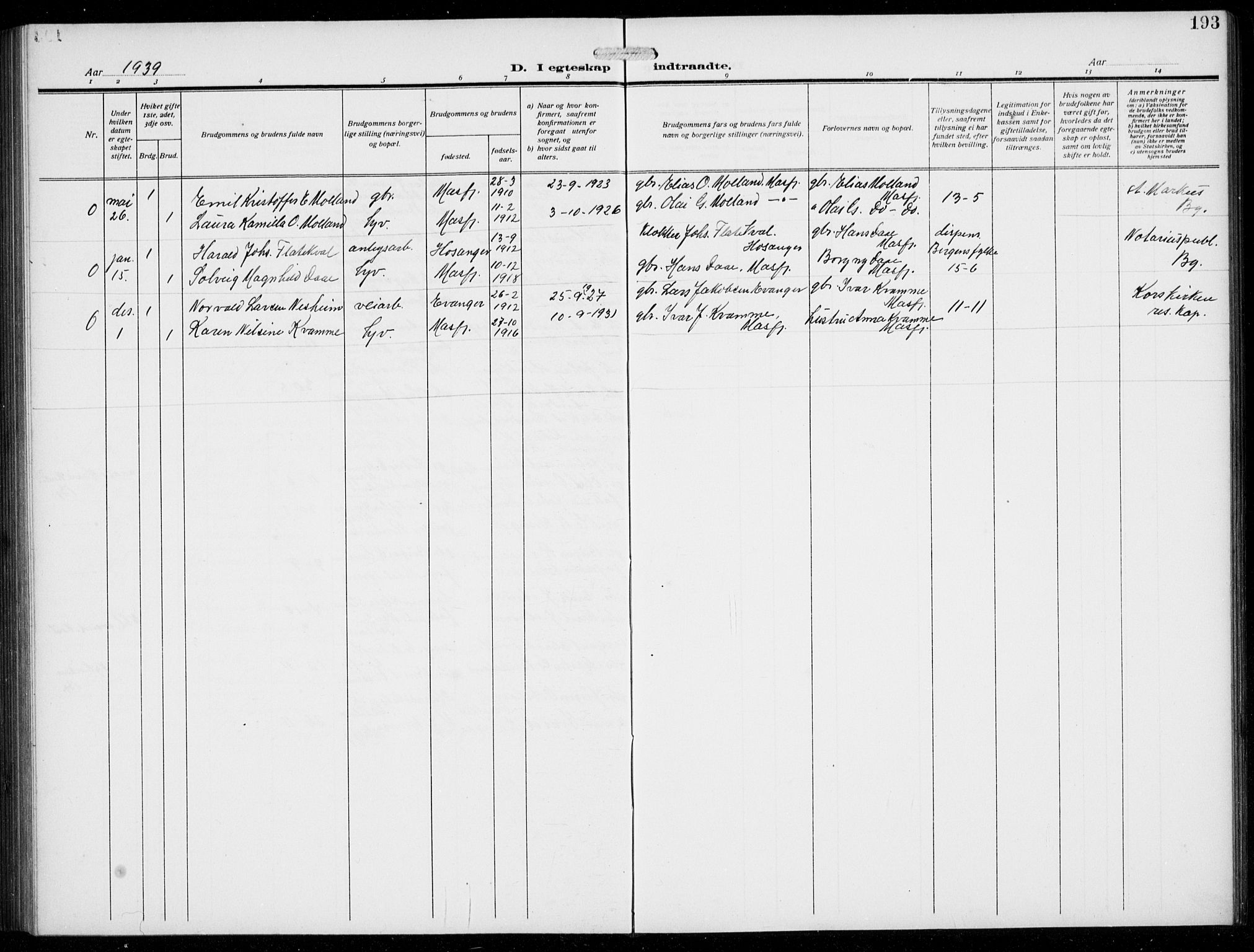 Masfjorden Sokneprestembete, AV/SAB-A-77001: Klokkerbok nr. B  2, 1912-1939, s. 193