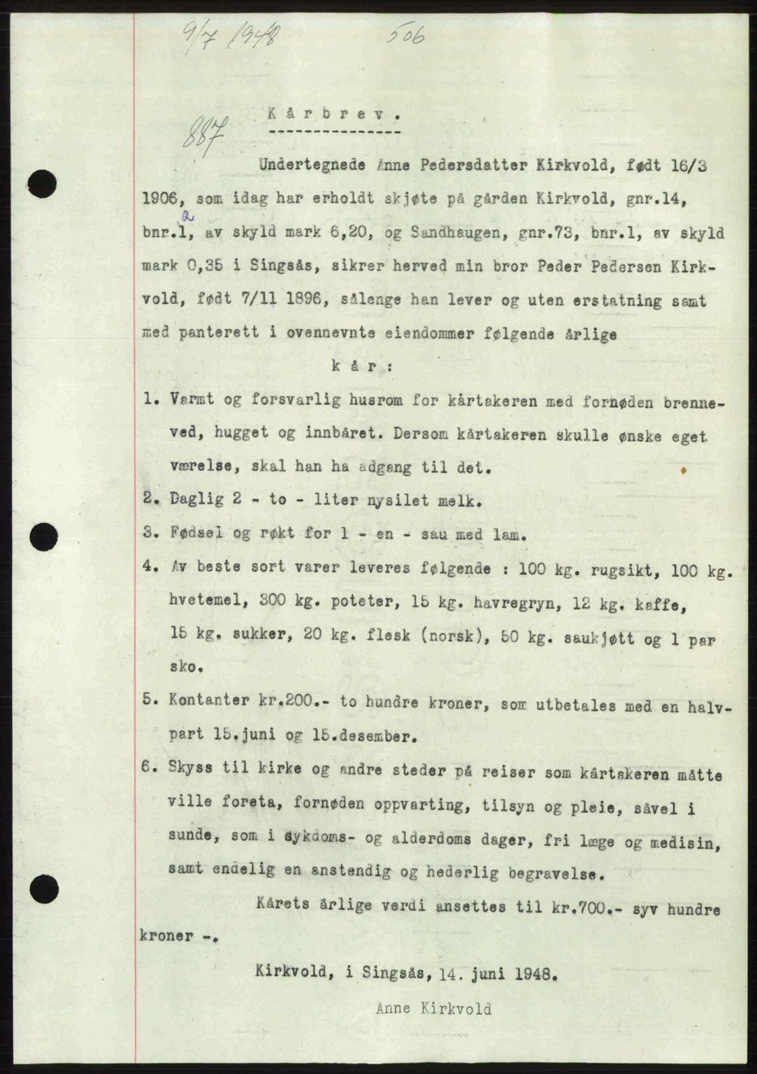 Gauldal sorenskriveri, SAT/A-0014/1/2/2C: Pantebok nr. A6, 1948-1948, Dagboknr: 887/1948