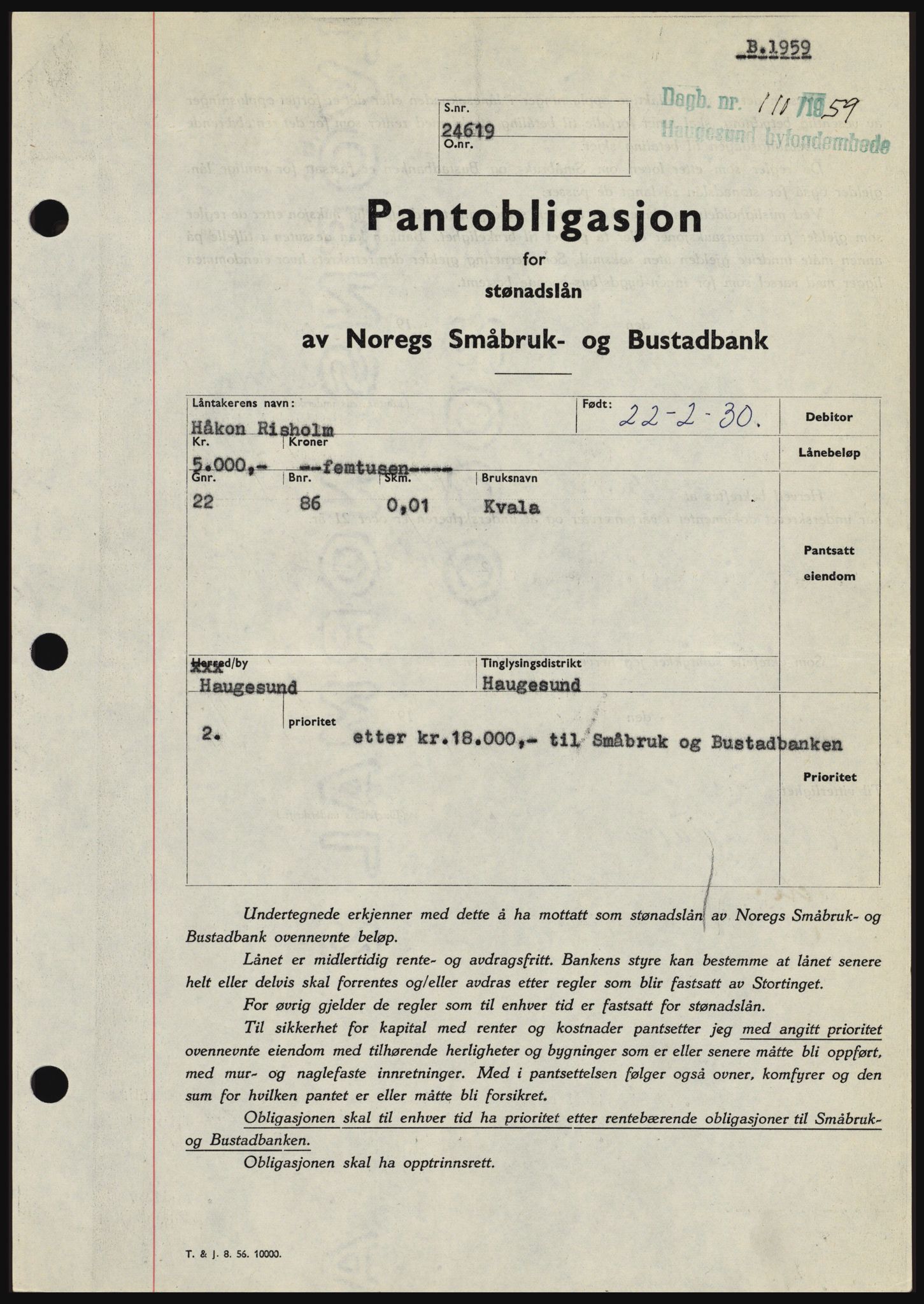 Haugesund tingrett, SAST/A-101415/01/II/IIC/L0044: Pantebok nr. B 44, 1958-1959, Dagboknr: 110/1959
