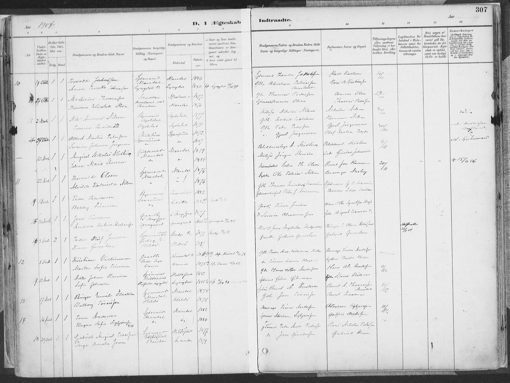 Mandal sokneprestkontor, SAK/1111-0030/F/Fa/Faa/L0018: Ministerialbok nr. A 18, 1890-1905, s. 307